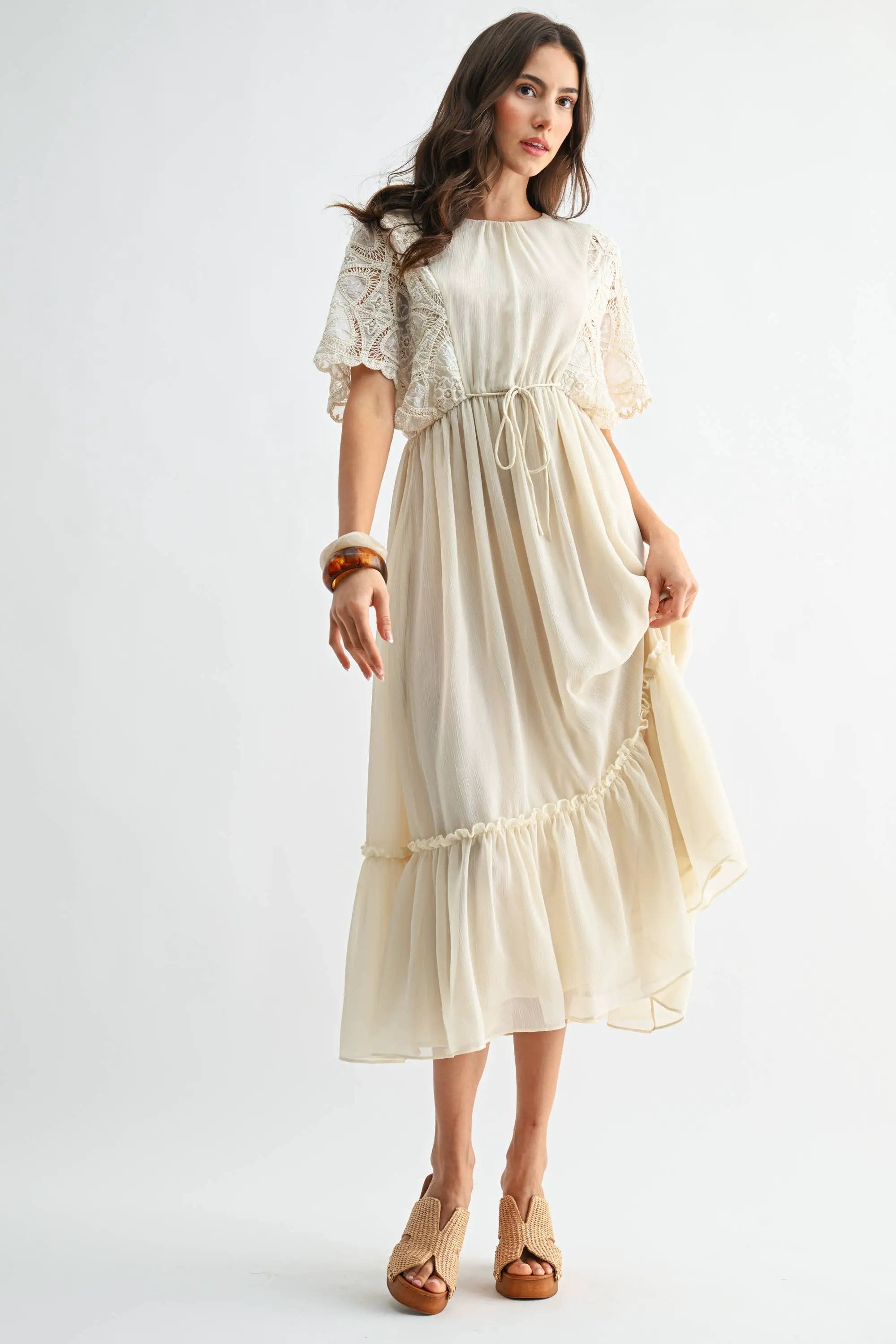 Camellia The Crochet Lace Short Sleeve Midi Dress: CREAM - Dresses
