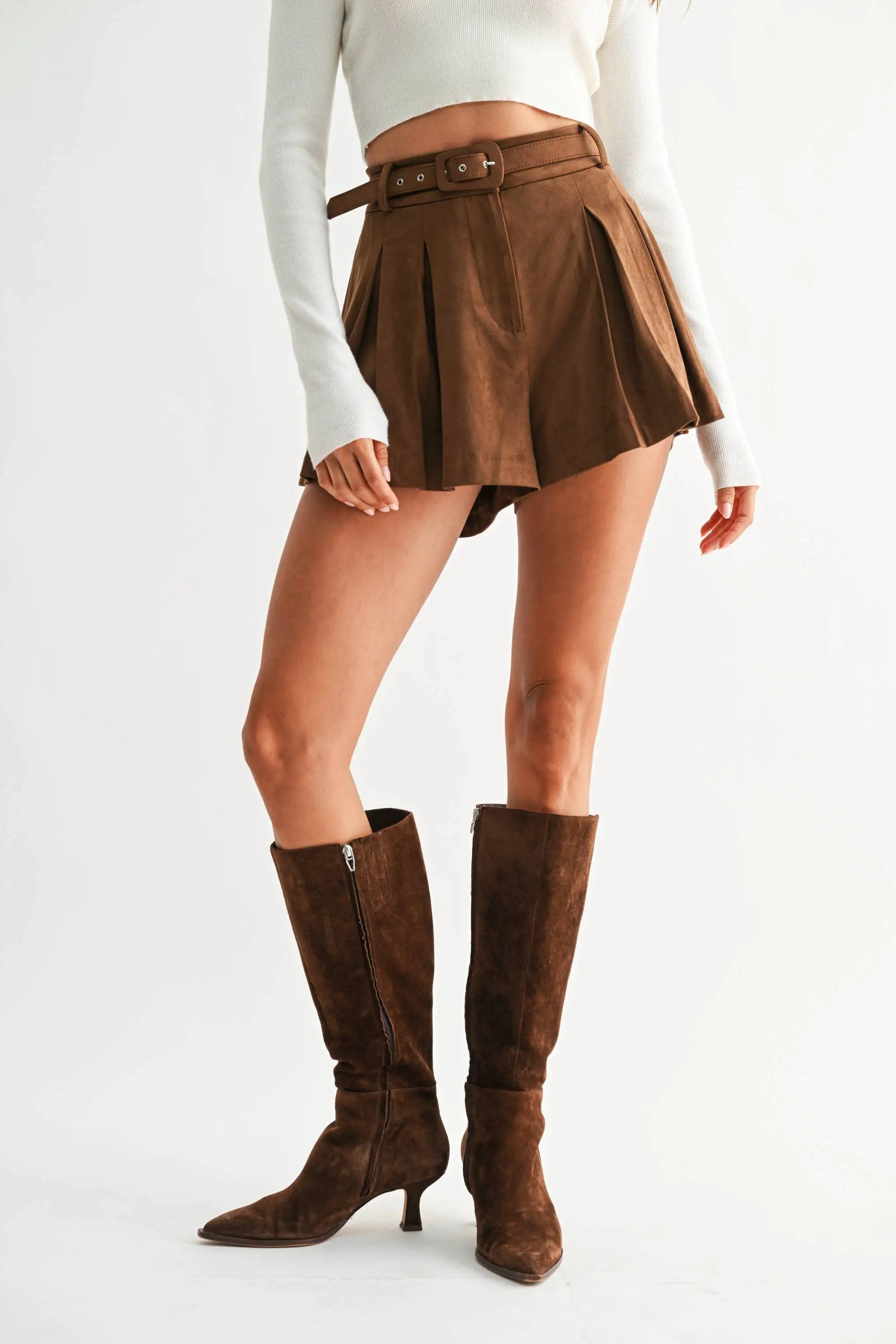 Camellia The Rich Caramel Suede Belted High-Waist Pleated Shorts - Shorts shorts