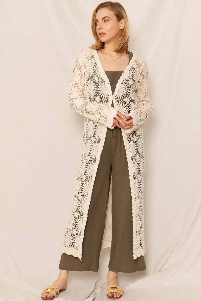 En Crème En Crème Natural Flower Pattern Crochet Maxi Kimono Cardigan - Cardigans