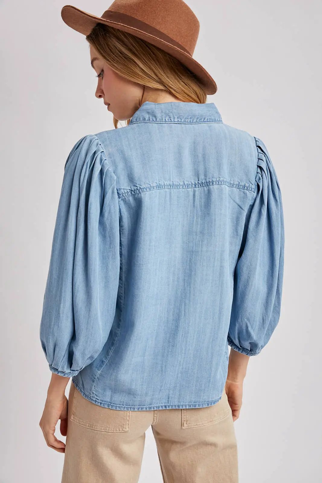 Bluivy The Chambray Ballon Sleeve Button-Up - Blouses