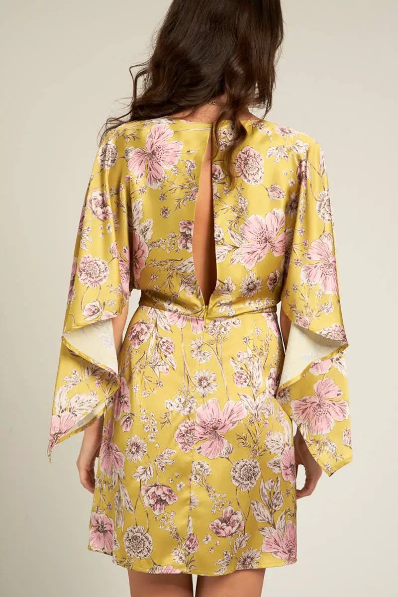 En Crème En Crème Dusty Lime Multi Cape Sleeve Floral Mini Dress - Dresses