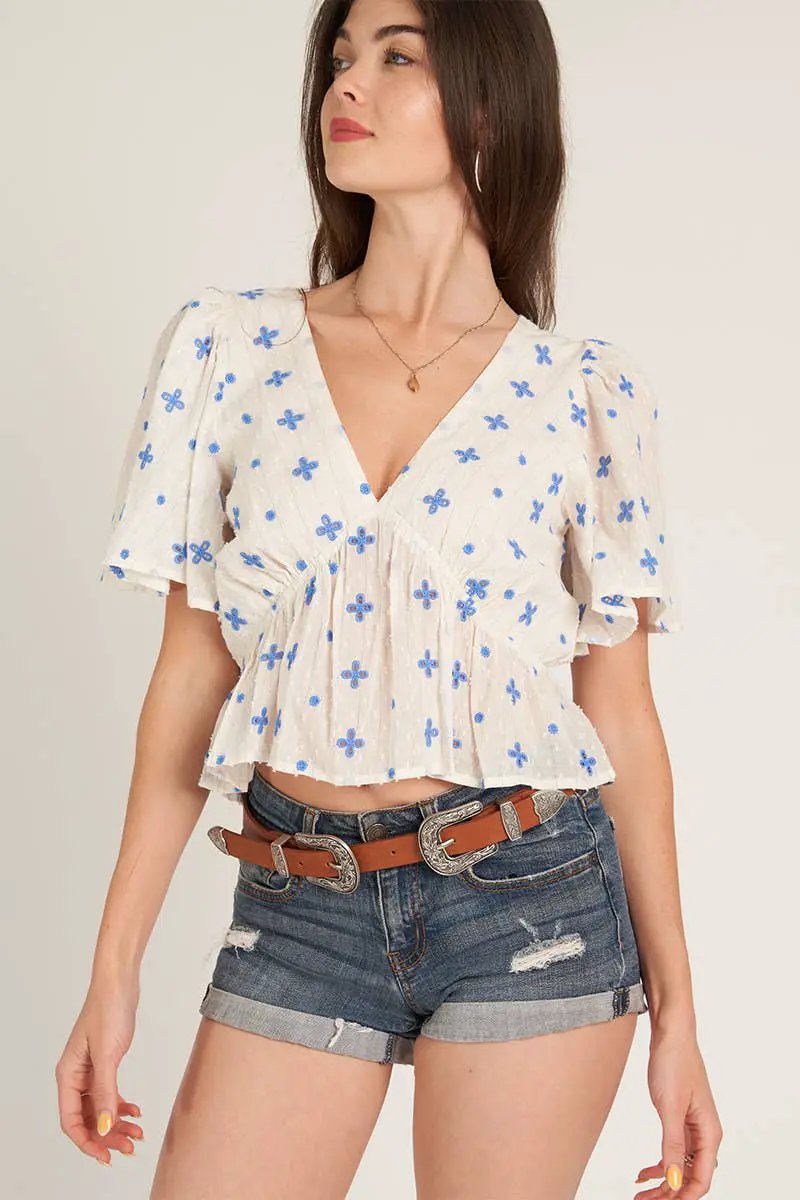 En Crème En Crème - Flutter Sleeve V-Neck Top: White Blue - Clothing Tops