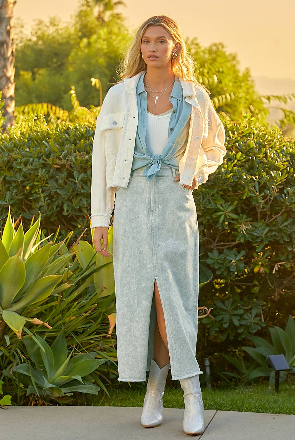 Mystree Mystree - Coastal Cool Ice Blue Washed Front Slit Midi Skirt - Skirts