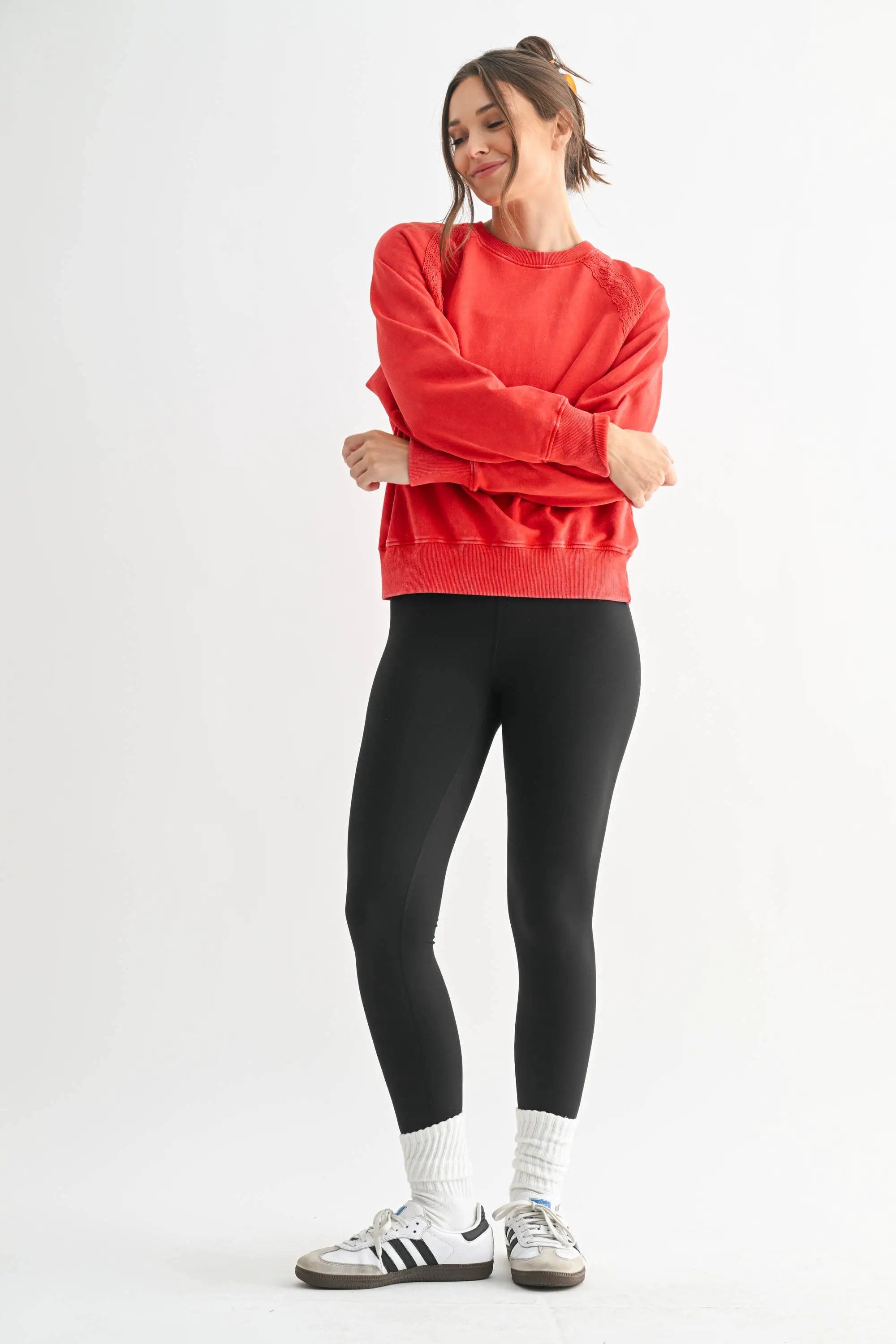 Mono B The Soft Bloom Mineral Wash Lace Crewneck Pullover: Glazed Cherry - Sweatshirts