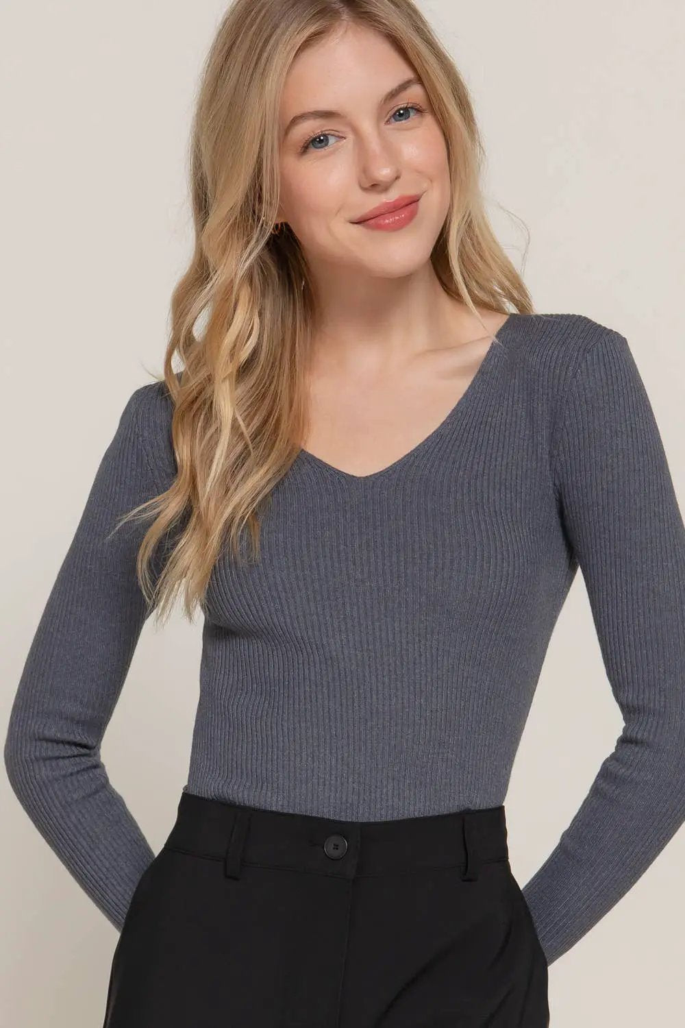 Active Basic | Active USA Chasing Charcoal Ribbed Viscose V-Neck Sweater - Sweaters