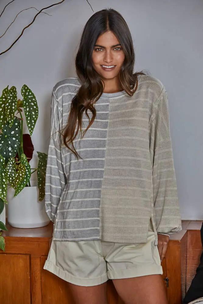 By Together Knit Cotton Ribbed Striped Half Contrast Top - Shirts