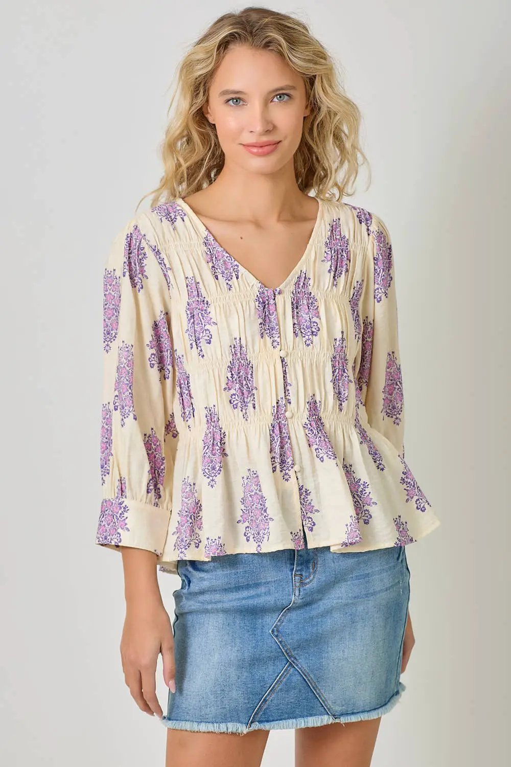Mystree The Lavender Fields Puff Sleeve Smocked Blouse - Blouses
