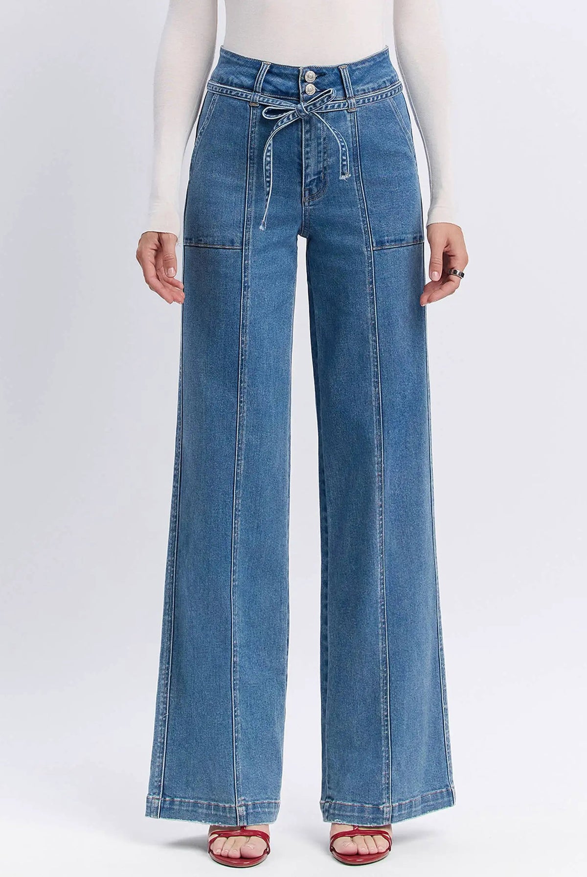 Verve 'Olivia' super high rise wide leg jeans in Lush Life Style blue denim with adjustable tie waistband.