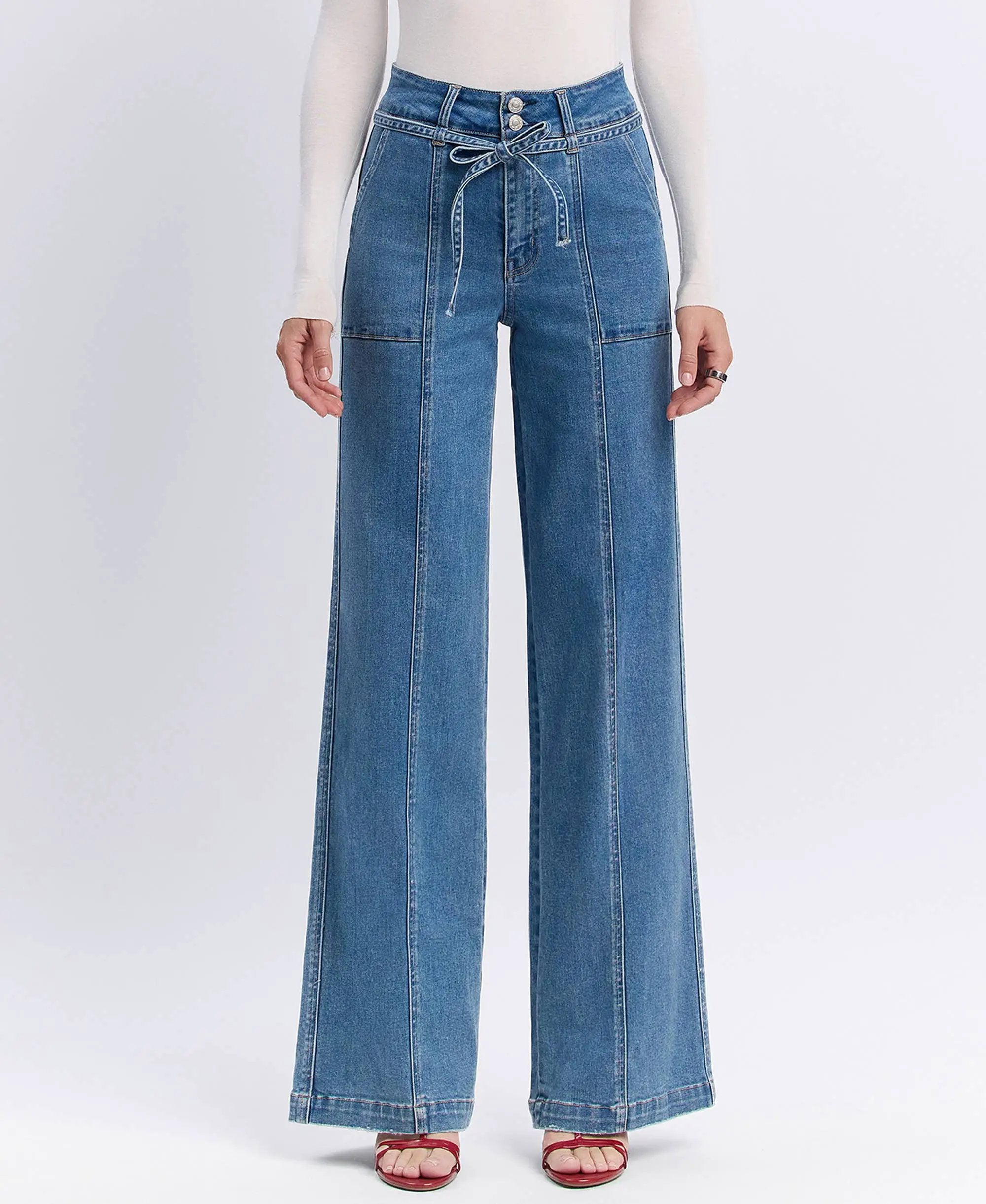 VERVET by FLYING MONKEY VERVET ‘Olivia’ Super High Rise Tie Waistband Wide Leg Jeans - Jeans