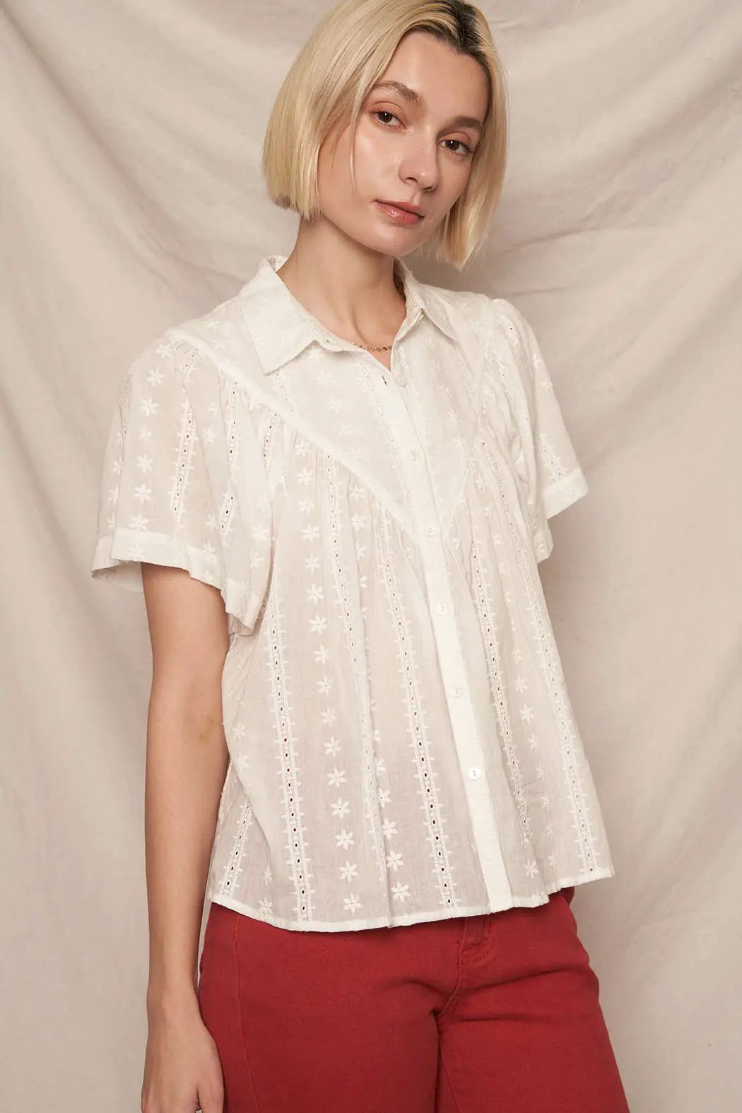 En Crème En Crème White Short Sleeve Lace Button Down Shirt - Shirts white short sleeve lace button down shirt