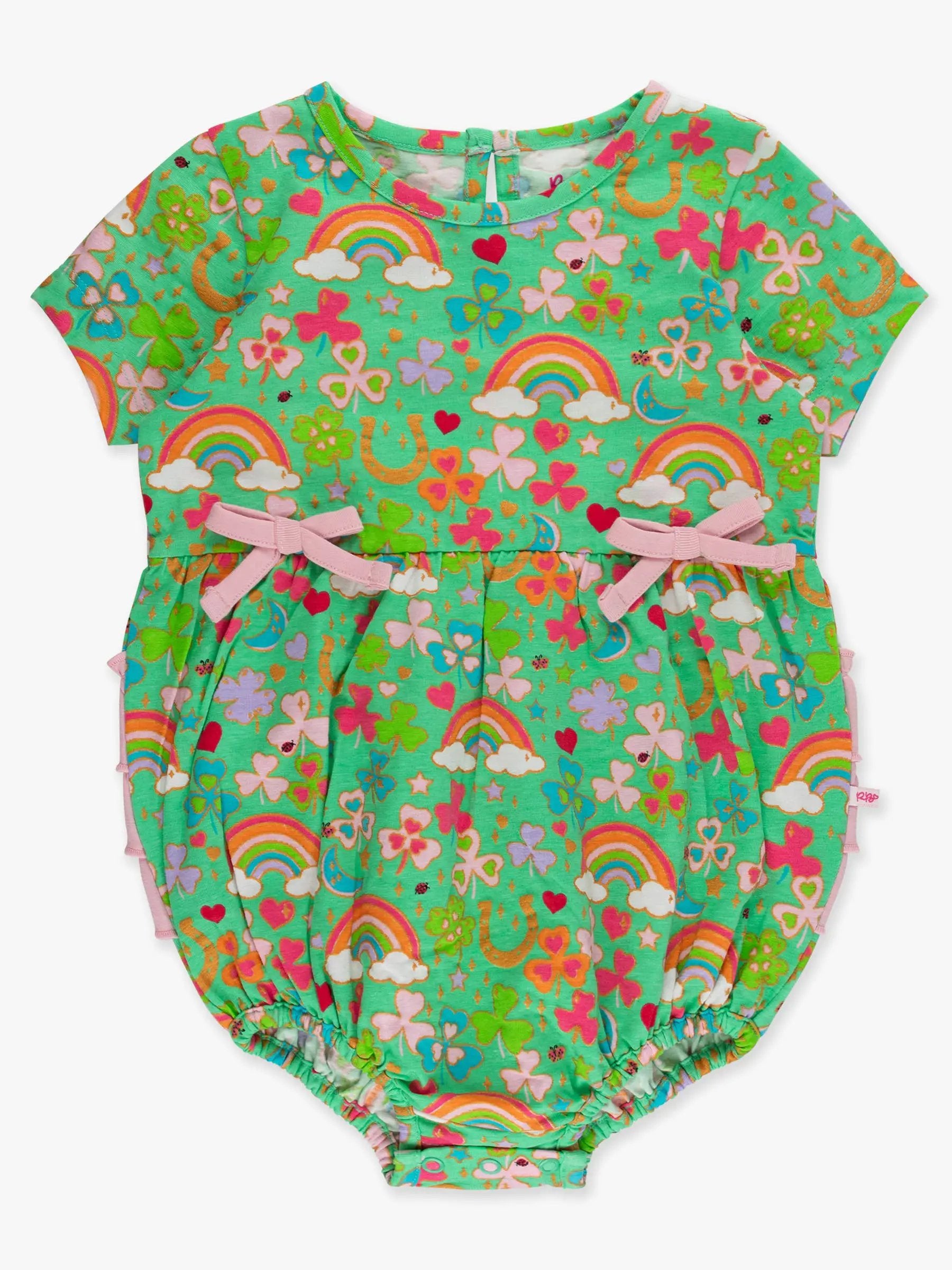 RuffleButts + RuggedButts RuffleButts + RuggedButts - Baby Girls Green Lucky Rainbow Clover Bow Bubble Romper - Baby & Toddler Outfits