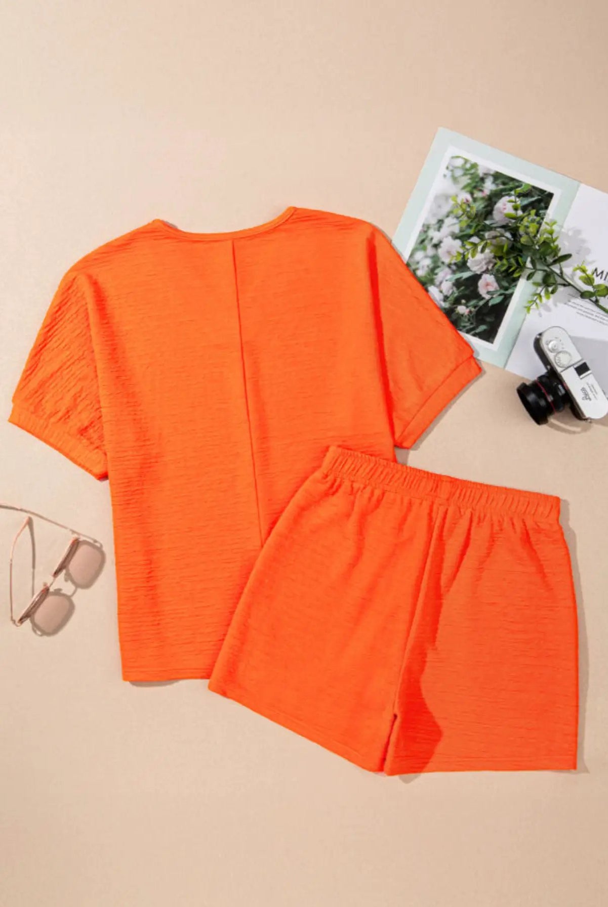 Grateful Threads Boutique Orange Textured V-Neck T-Shirt and Shorts Set - Outfit Sets Orange Textured V Neck T Shirt and Shorts Set