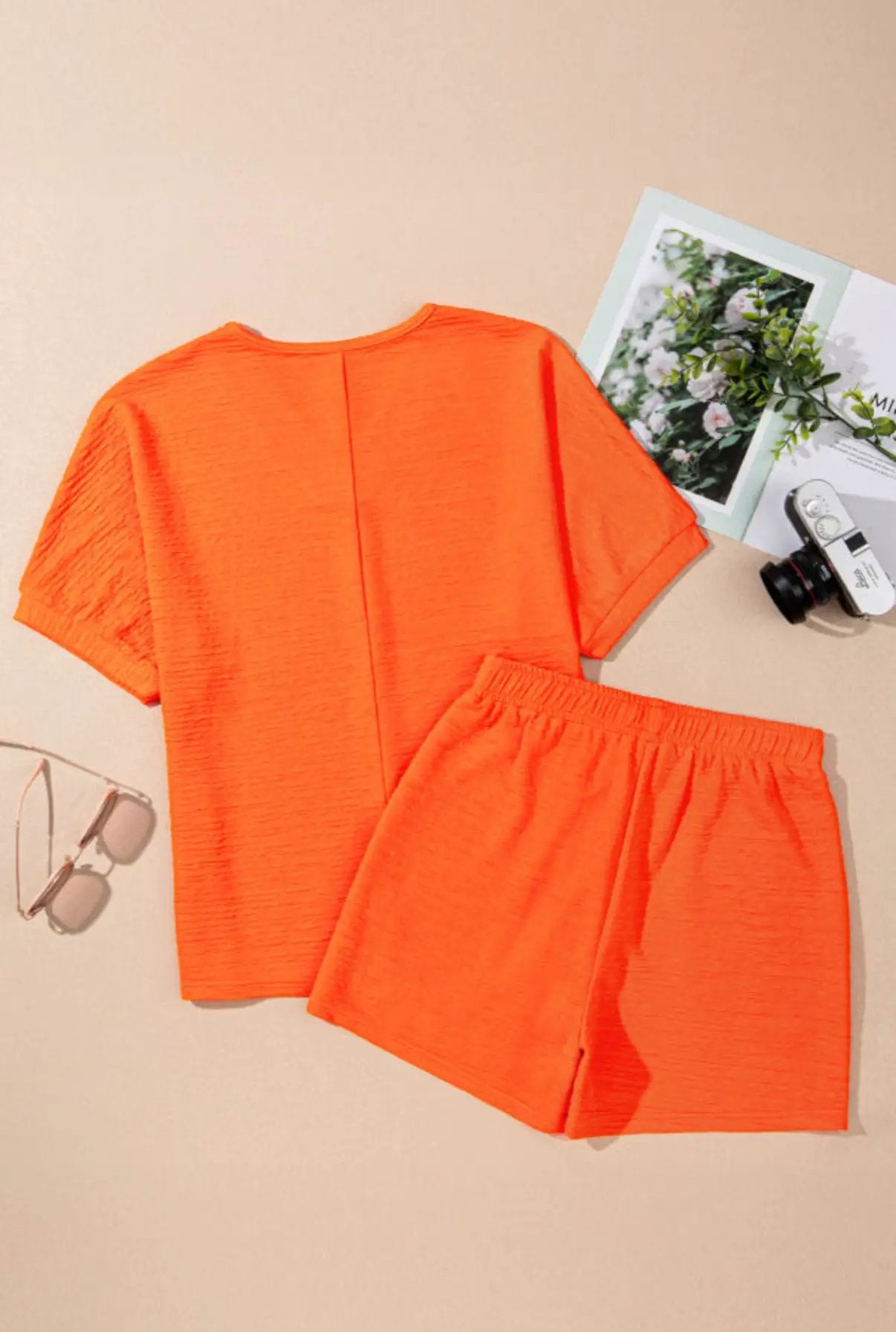 Grateful Threads Boutique Orange Textured V-Neck T-Shirt and Shorts Set - Outfit Sets Orange Textured V Neck T Shirt and Shorts Set