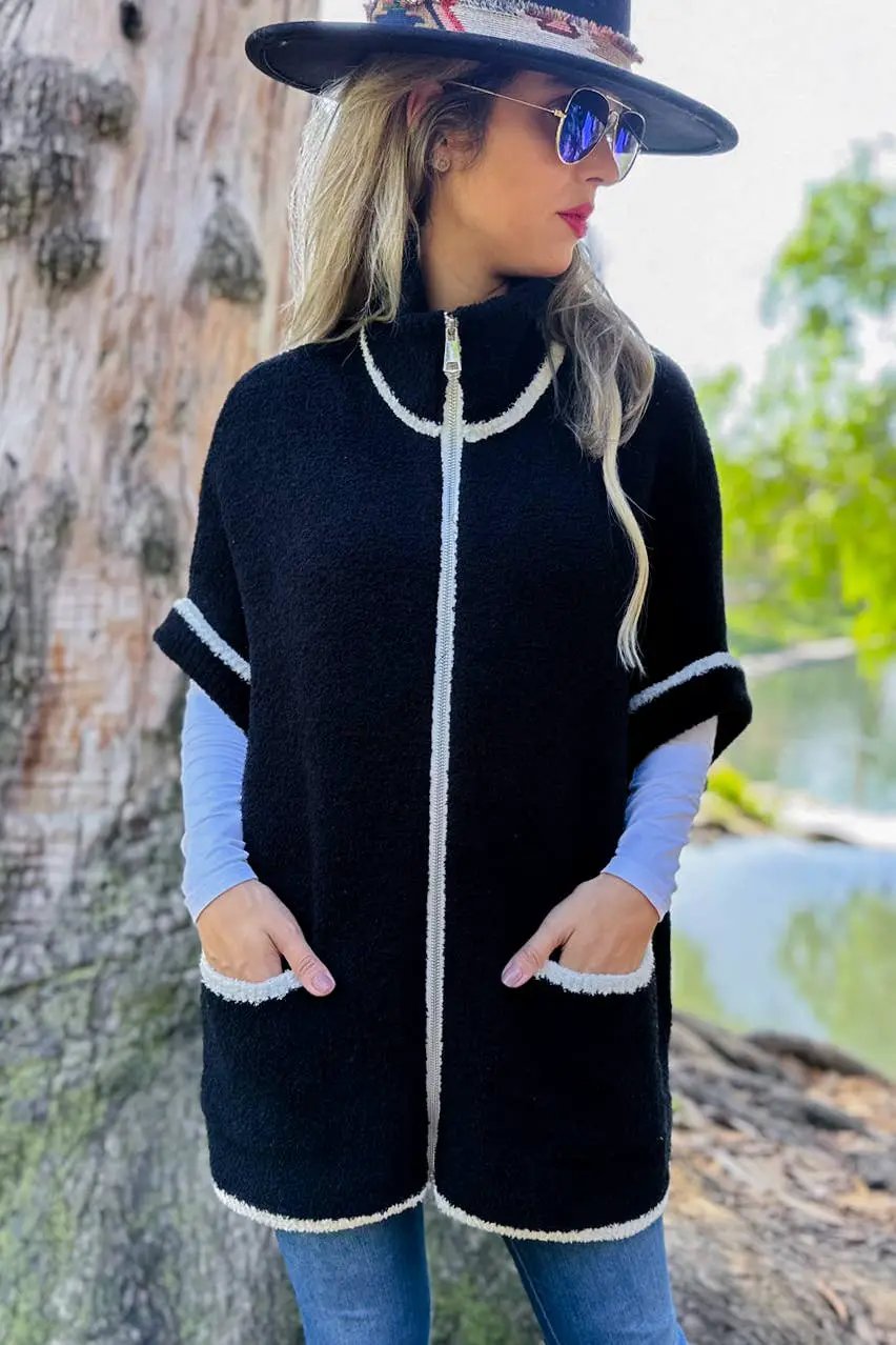 AMOLI AMOLI - Black Contemporary Soft Knitted Zip-Up Cozy Pocket Zip-Up Cardigan - Cardigans
