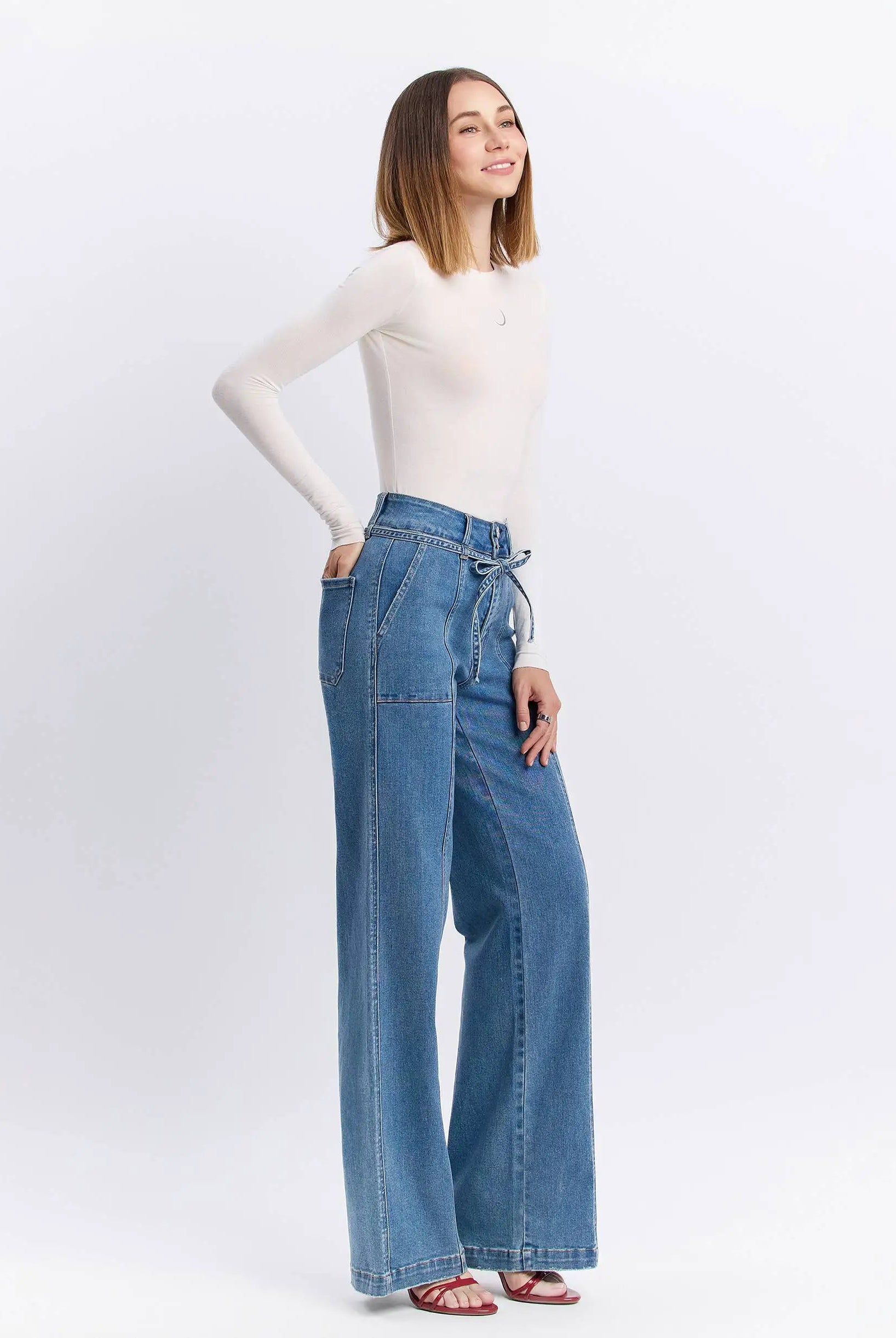 Vervet Olivia high rise wide leg jeans with tie waistband in blue