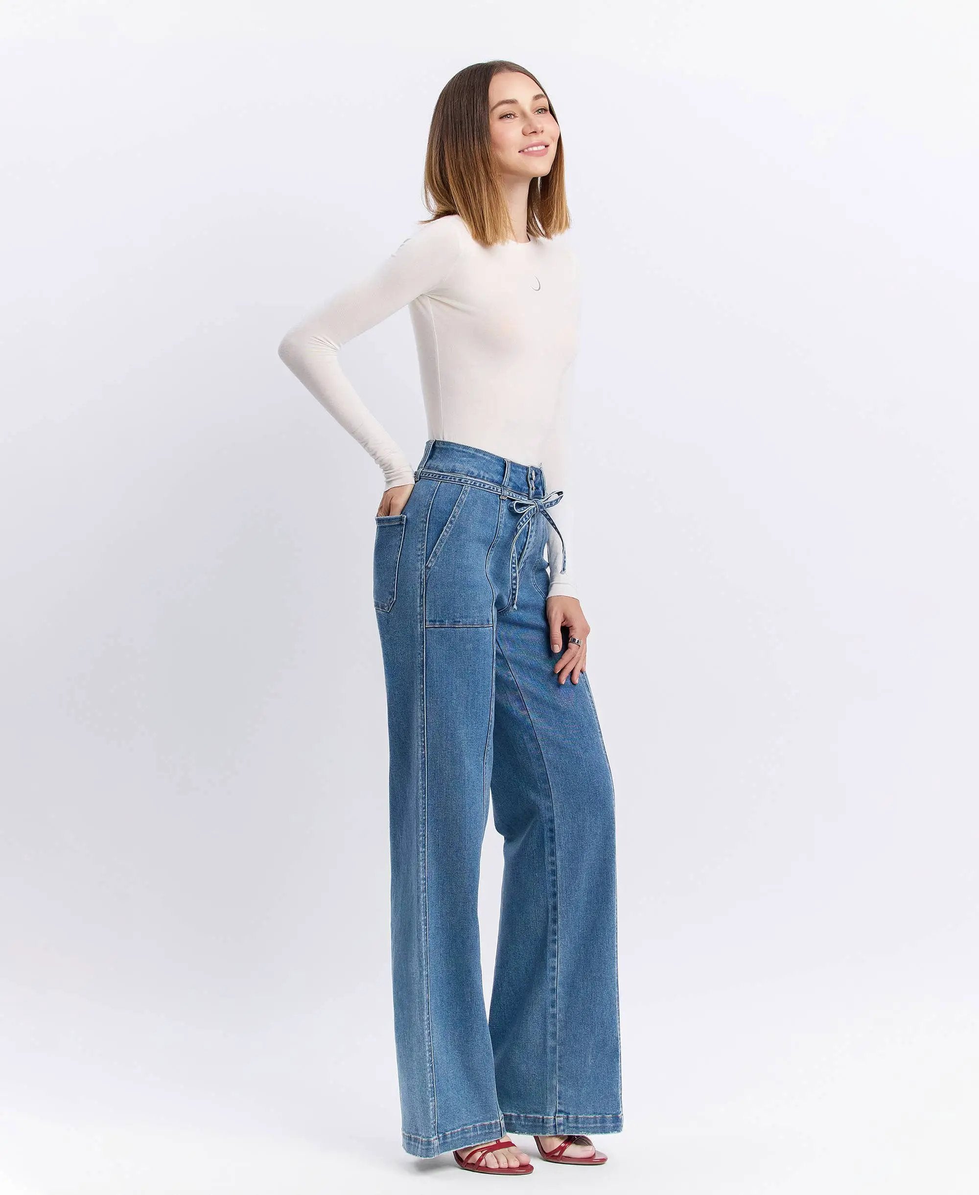 VERVET by FLYING MONKEY VERVET ‘Olivia’ Super High Rise Tie Waistband Wide Leg Jeans - Jeans
