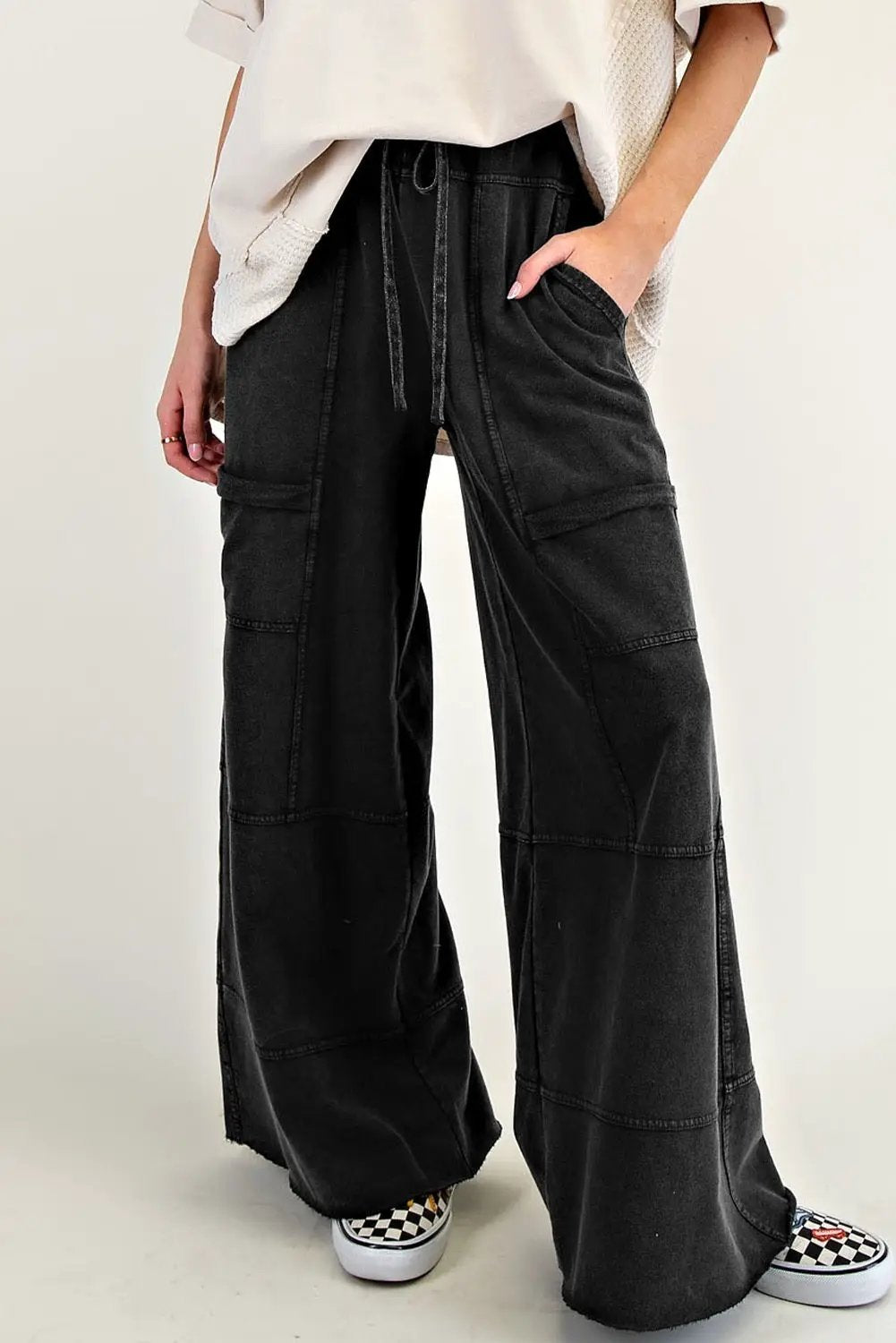 Grateful Threads Boutique Black Mineral Wash Exposed Seam Wide Leg Cargo Pants - Trousers Black Mineral Wash Exposed Seam Wide Leg Cargo Pants