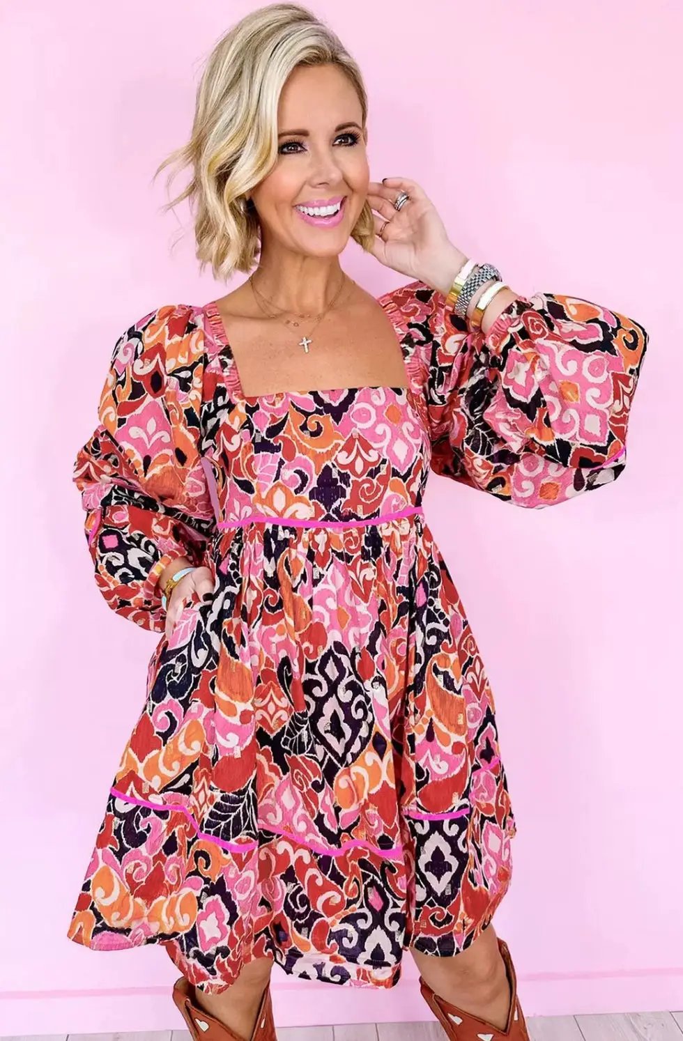 Grateful Threads Boutique Pink Bohemian Square Neck Mini Dress - Dresses