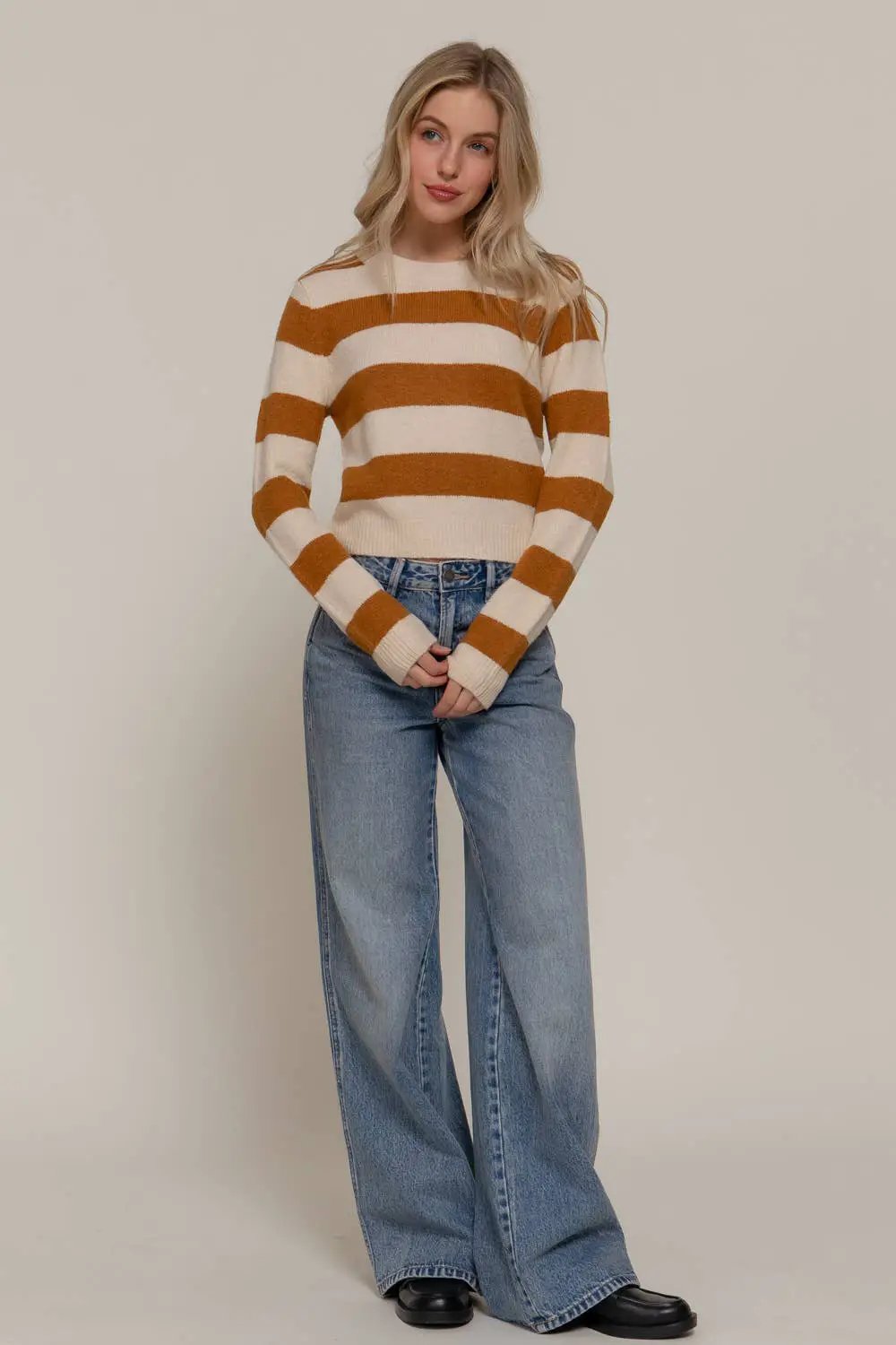 Active Basic | Active USA Active Basic | Active USA - Long Sleeve Crew Neck Stripe Sweater: Camel/Ivory - Sweaters tops-sweaters
