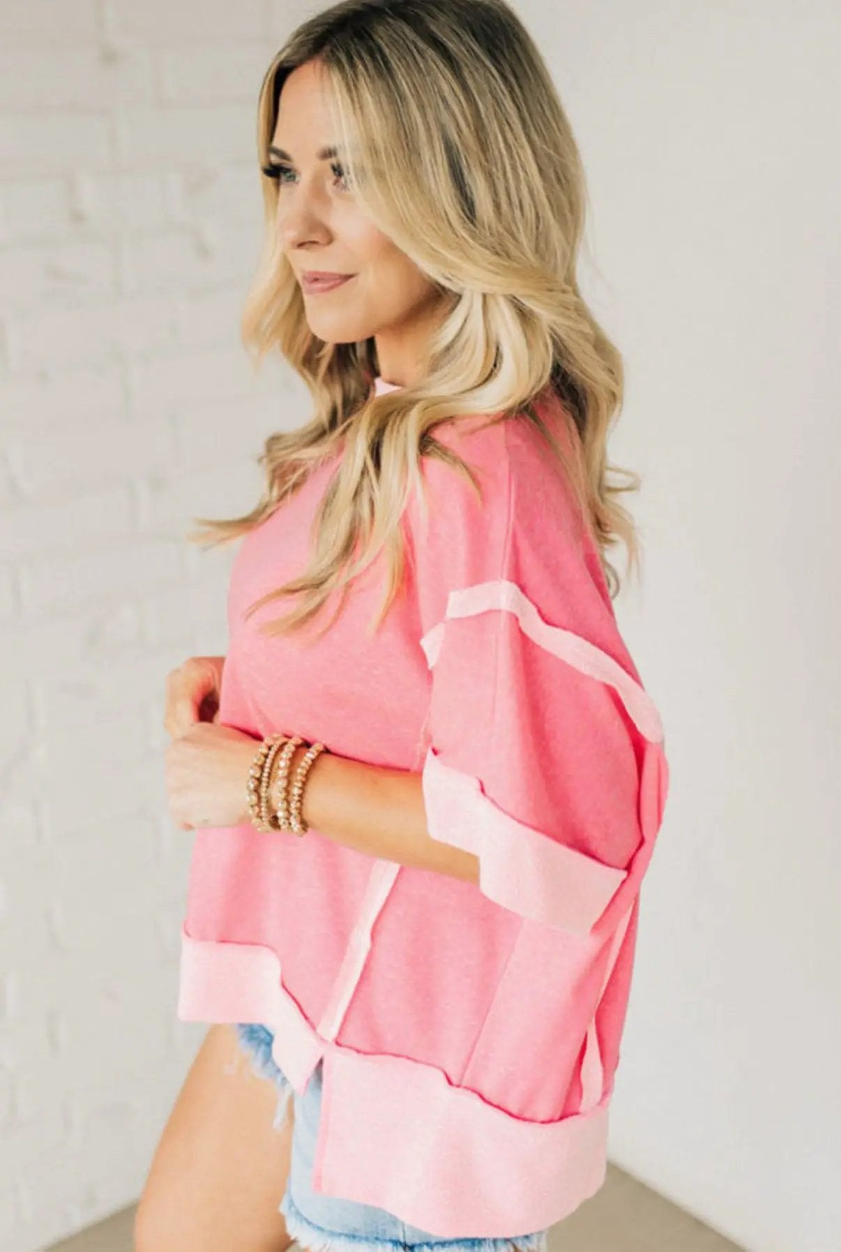 Grateful Threads Boutique Peach Blossom Half Sleeve Raw Seam High Low Side Split Top - Clothing Tops Peach Blossom Half Sleeve Raw Seam High Low Side Split