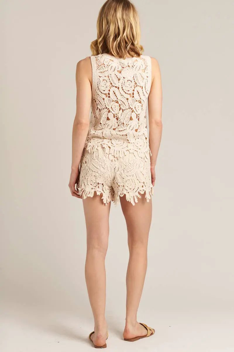 En Crème En Crème Sleeveless Beige Crochet Top and Shorts Set - Outfit Sets