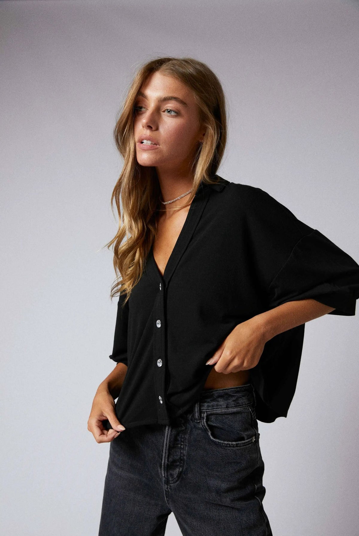 Cerule Elbow Sleeves W/Rhinstone Button Down Crop Shirt - Shirts