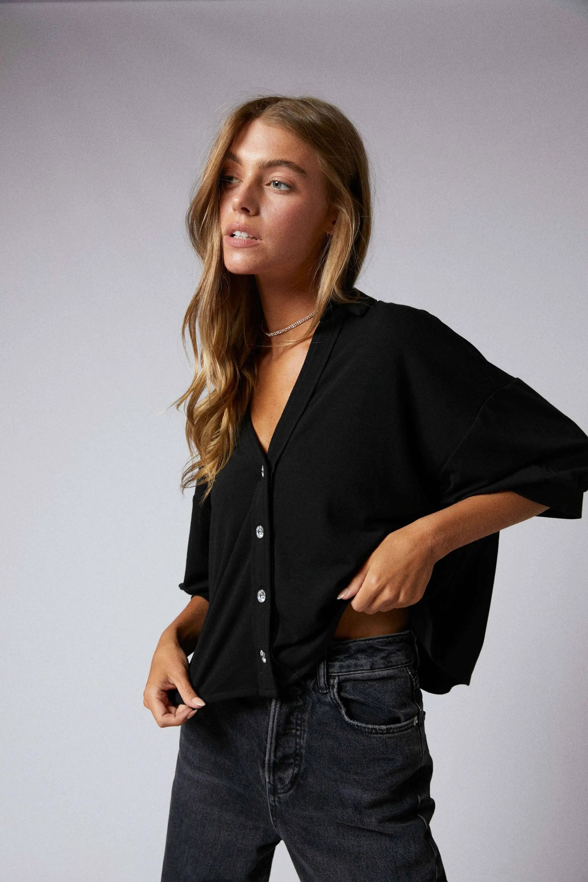 Cerule Elbow Sleeves W/Rhinstone Button Down Crop Shirt - Shirts