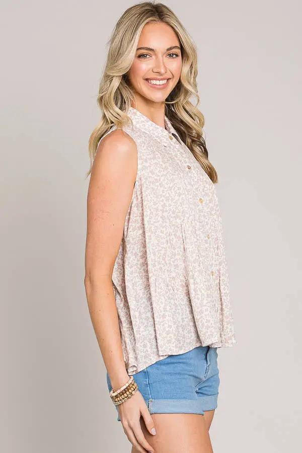 Cerule Ditsy Floral Button Up Sleeveless Ruffle Tiered Woven Shirt - Shirts