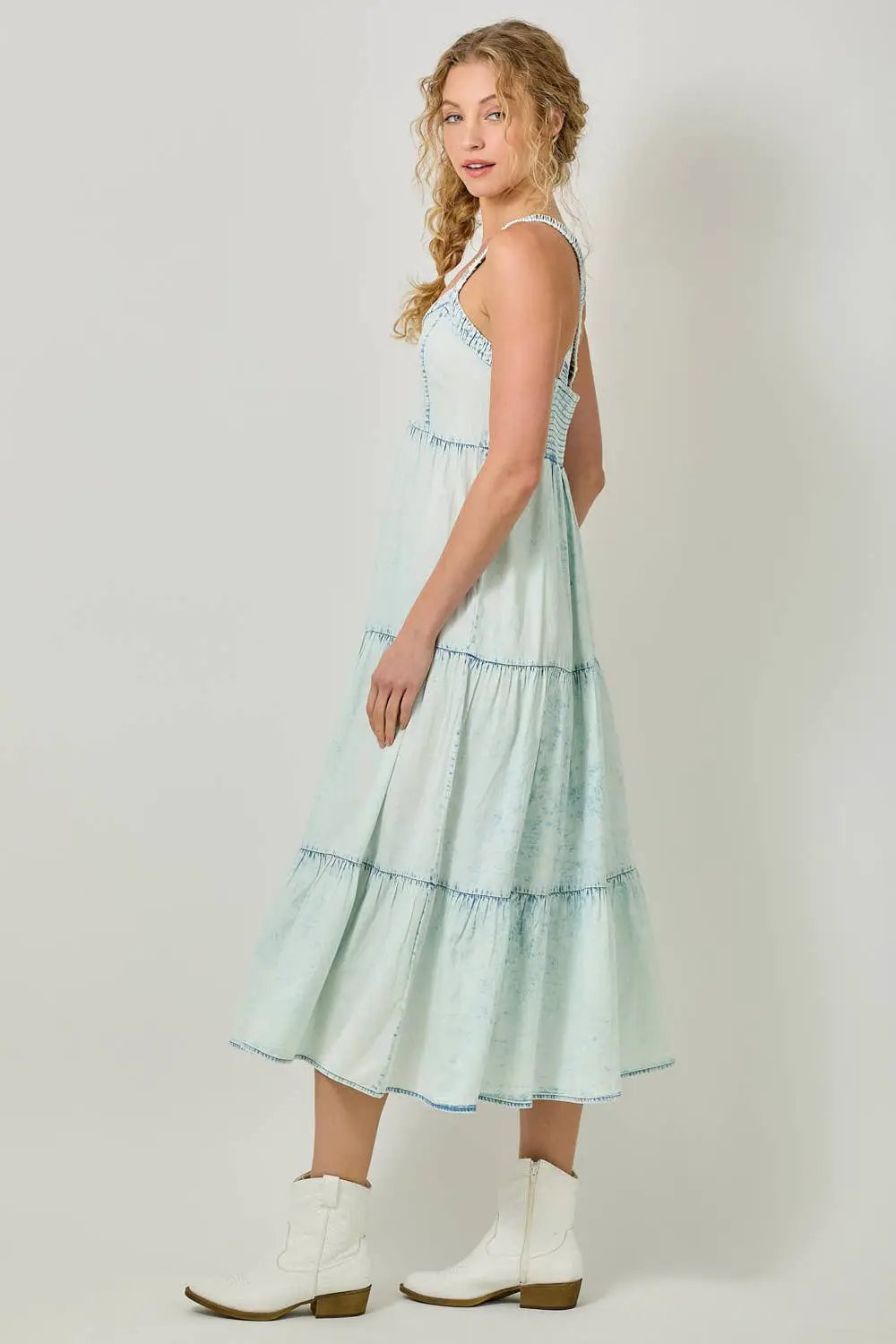 Mystree Mystree Washed Tencel Tiered Dress: Ice Blue - Dresses