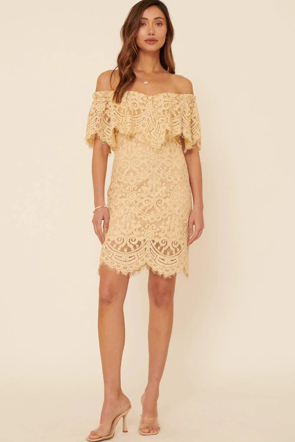 Promesa USA Butter Lace Flounce Ruffle Zipper Back Mini Dress - Dresses Promesa USA Butter Lace Flounce Ruffle Zipper Back Mini Dress