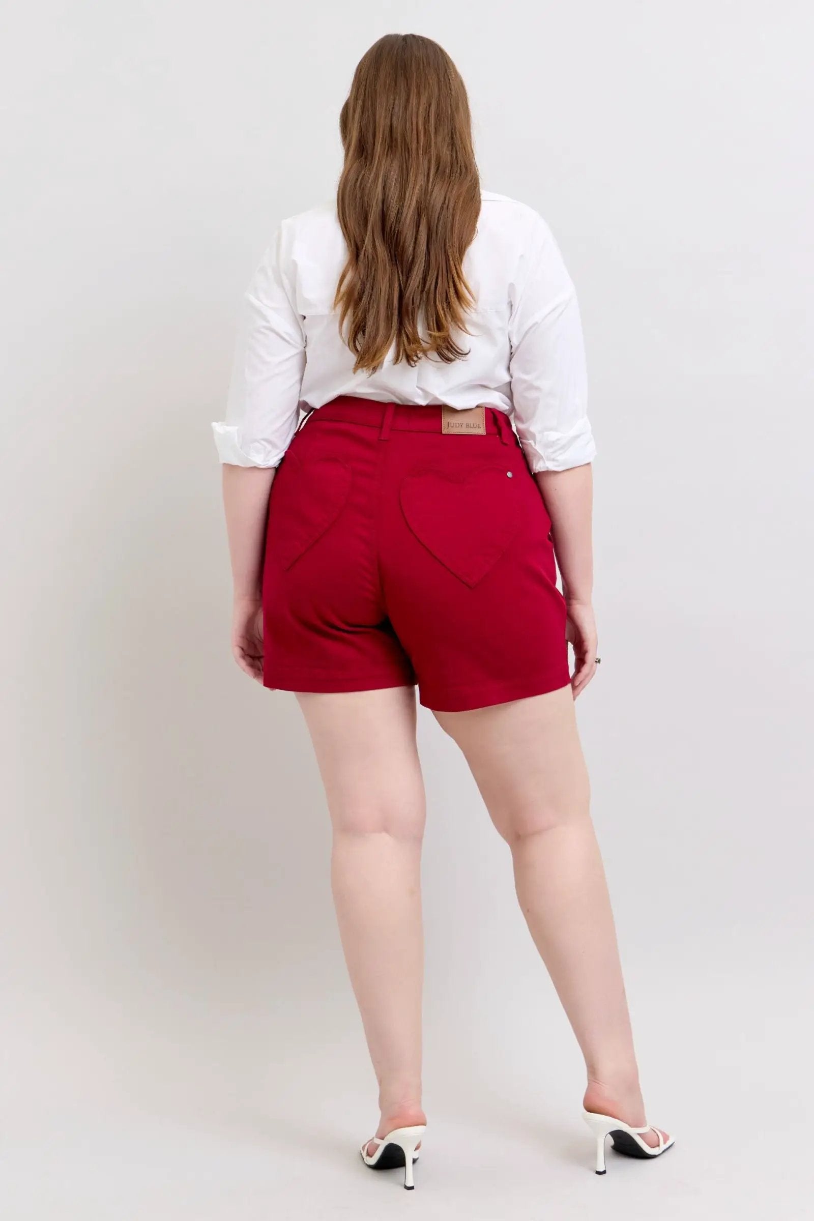 Judy Blue Judy Blue High Waist Tummy Control Garment Dyed Shorts with Heart Pockets in Scarlet PLUS - Shorts Judy Blue High Waist Tummy Control Garment Dyed Shorts with Heart Pockets in Scarlet PLUS