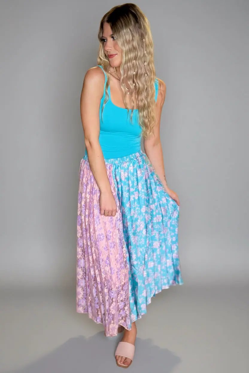 Mystree Mystree Mixed Media Midi Skirt: Teal/Lavender - Skirts