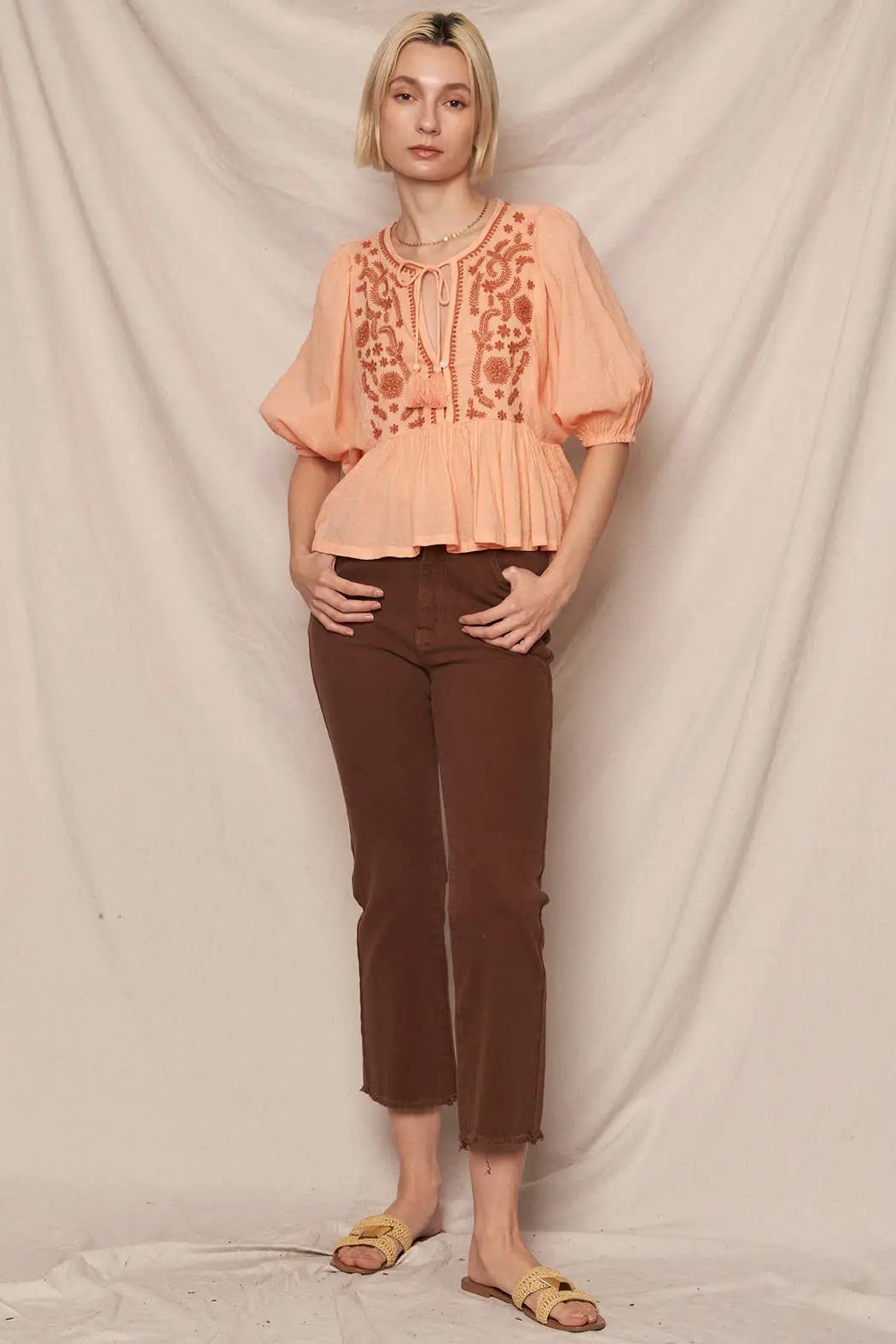 En Crème En Crème Coral & Rust Puff Sleeve Peplum Top with Embroidery Detail - Blouses Spring summer tops