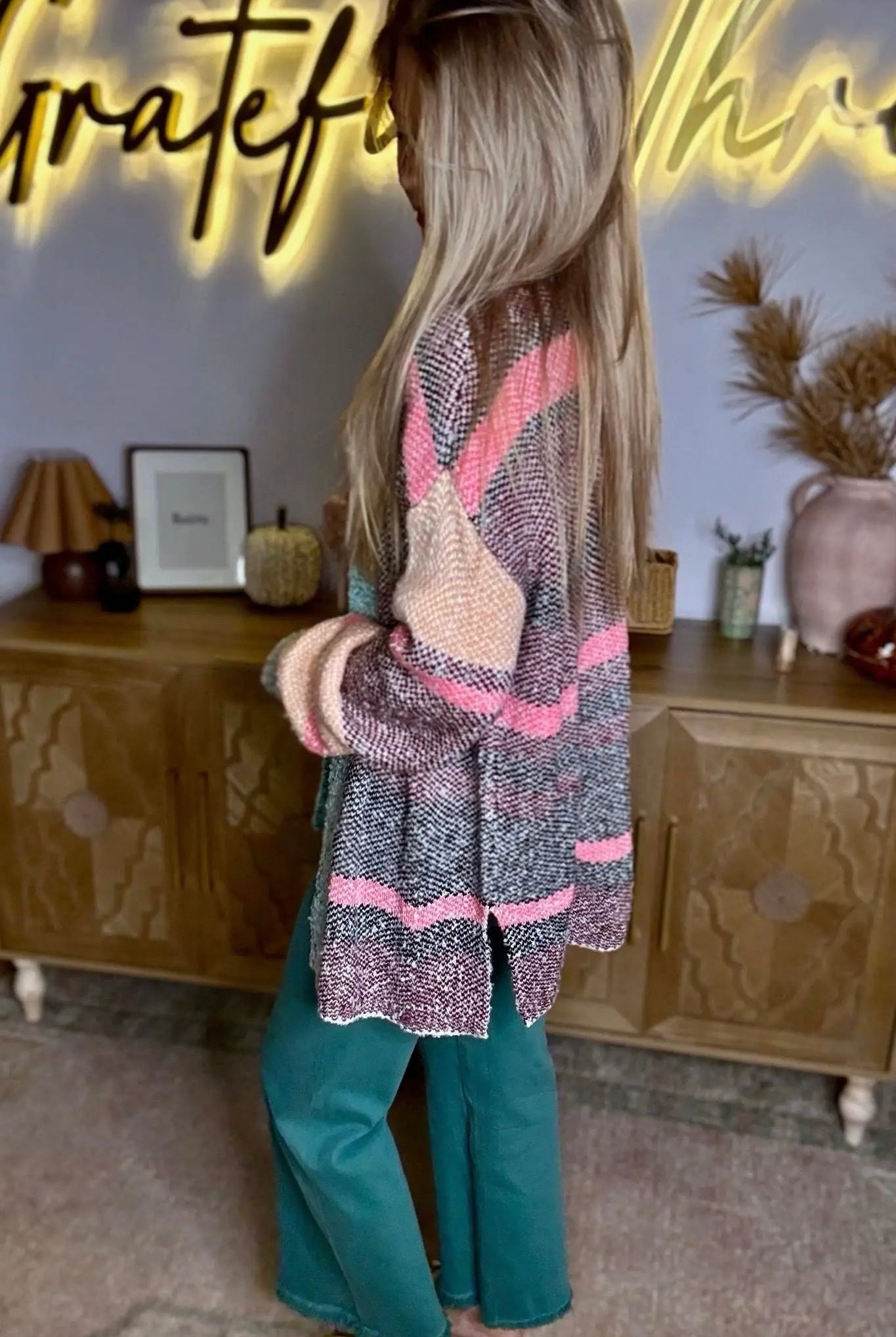 Grateful Threads Boutique Multicolor Color Block Striped Side Slit Open Front Cardigan - Cardigans Multicolor Color Block Striped Side Slit Open Front Cardigan