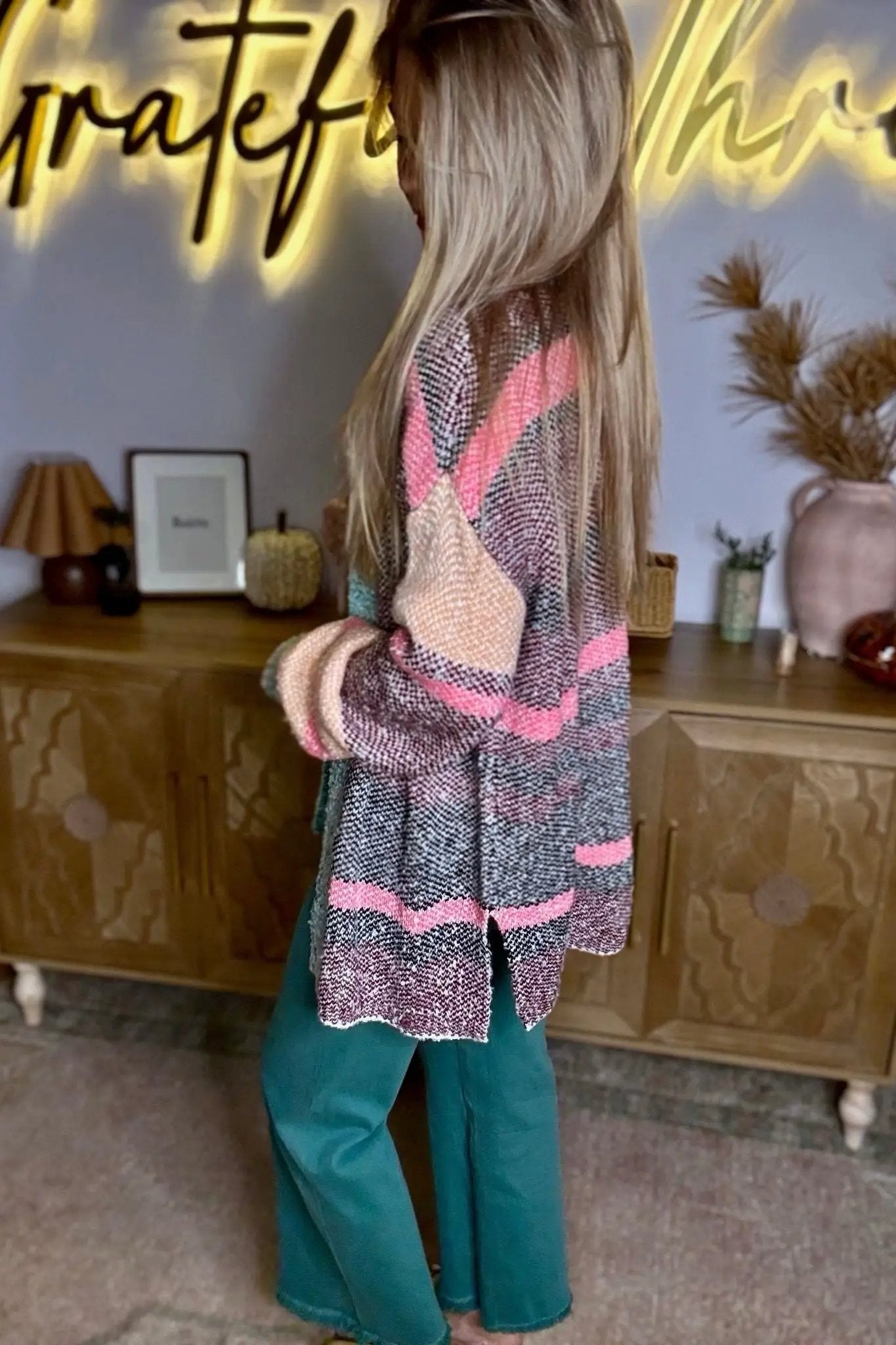 Grateful Threads Boutique Multicolor Color Block Striped Side Slit Open Front Cardigan - Cardigans Multicolor Color Block Striped Side Slit Open Front Cardigan