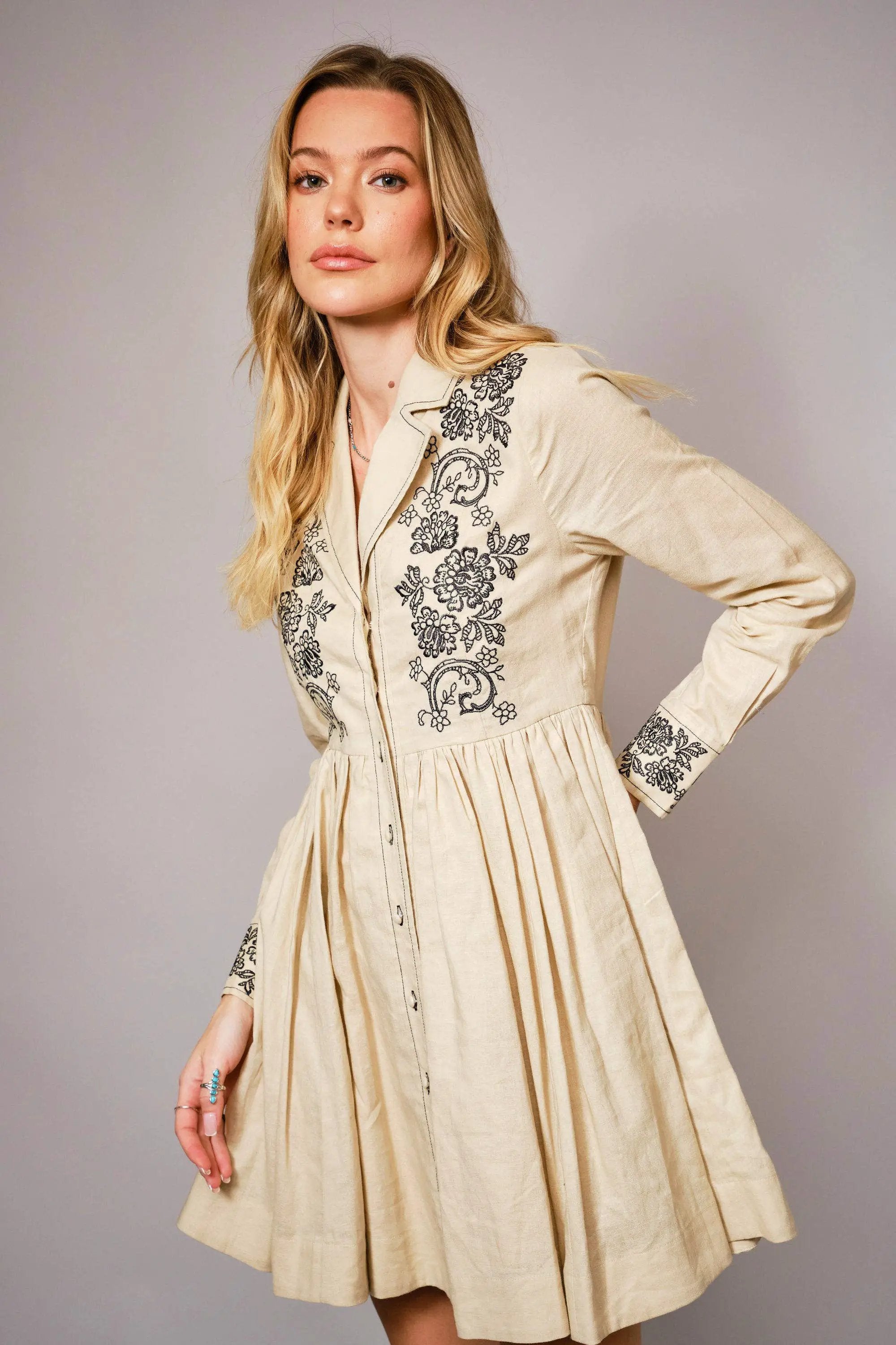 Blue B The Heirloom Bloom Linen Embroidered Flare Dress - Dresses dress