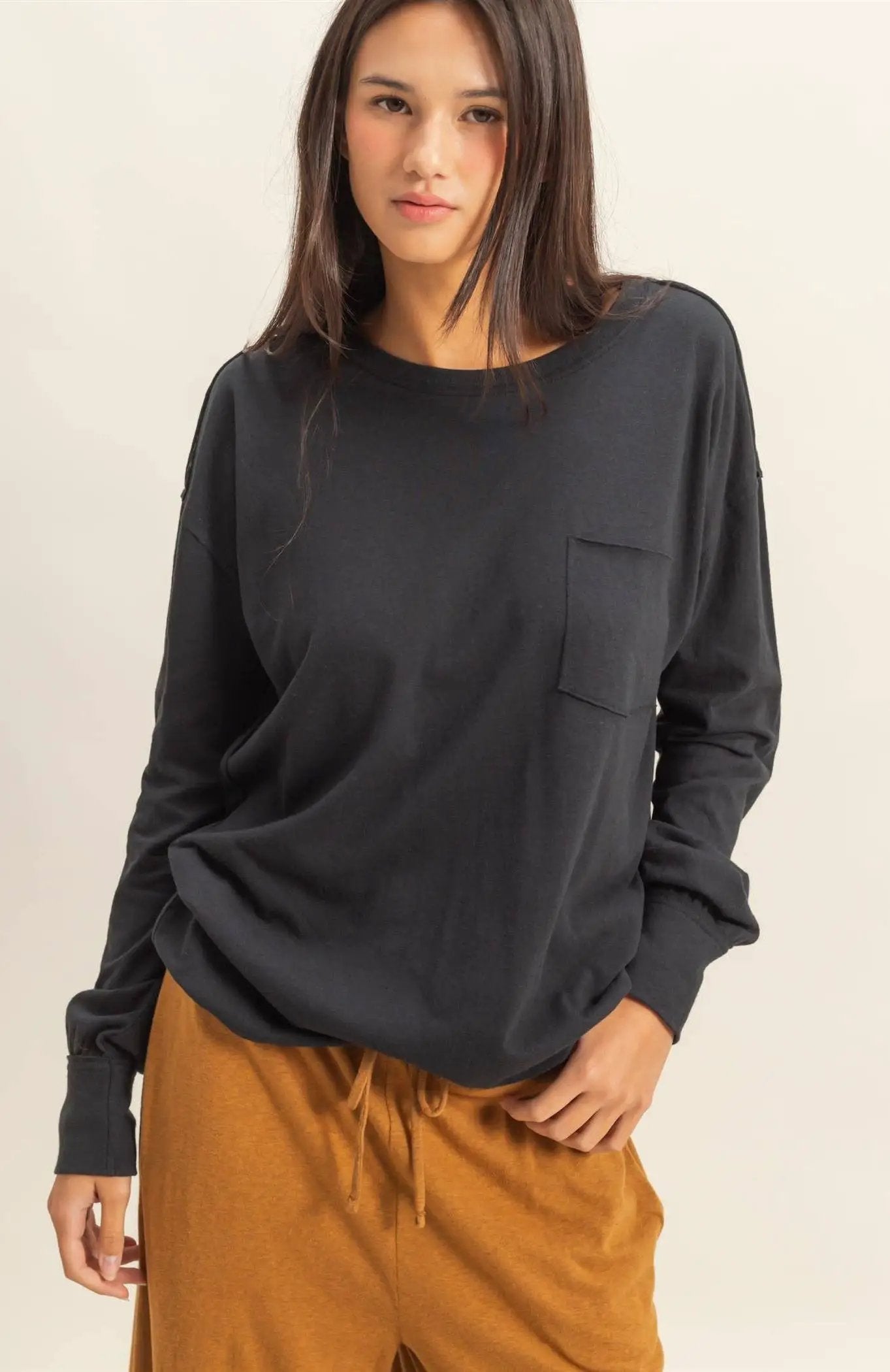 HYFVE The Everyday Ease Long Sleeve Pocket Tee: Black - Shirts