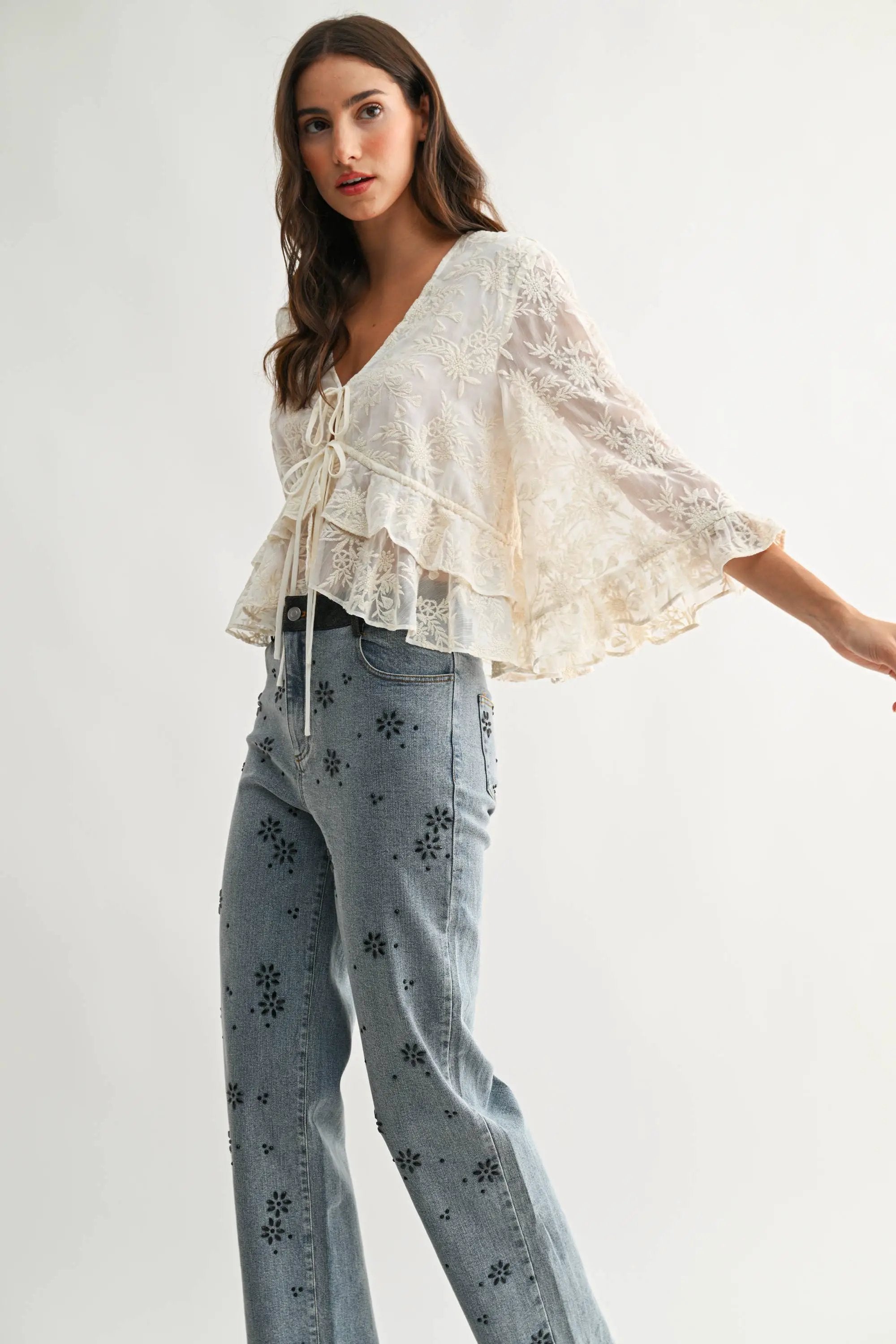 Camellia The Boho Embroidered Sheer Flowy Bell Sleeve Blouse: CREAM - Blouses