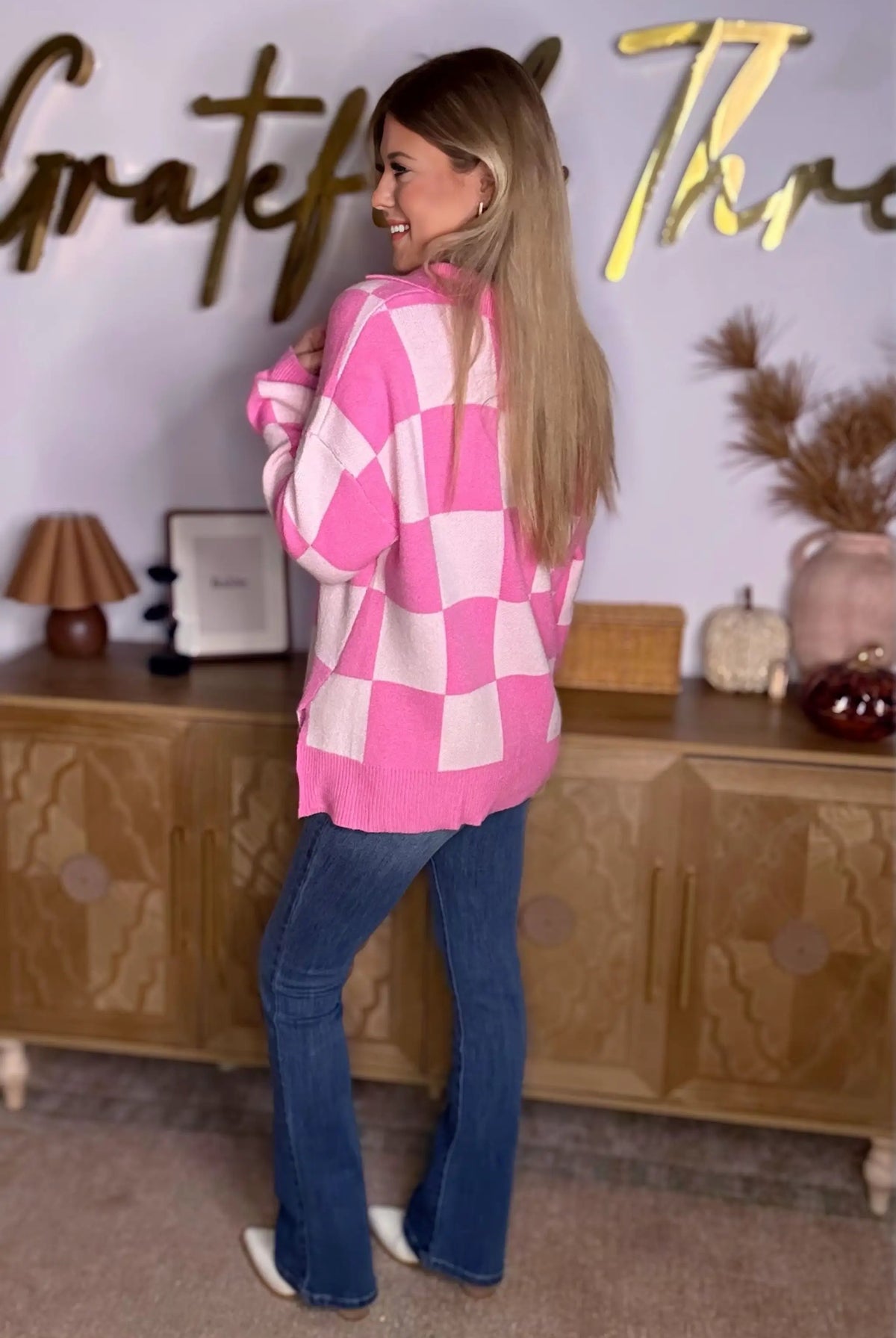 Grateful Threads Boutique Pink Checkerboard Half Button Collared Drop Shoulder Sweater - Sweaters Pink Checkerboard Half Button Collared Drop Shoulder Sweater
