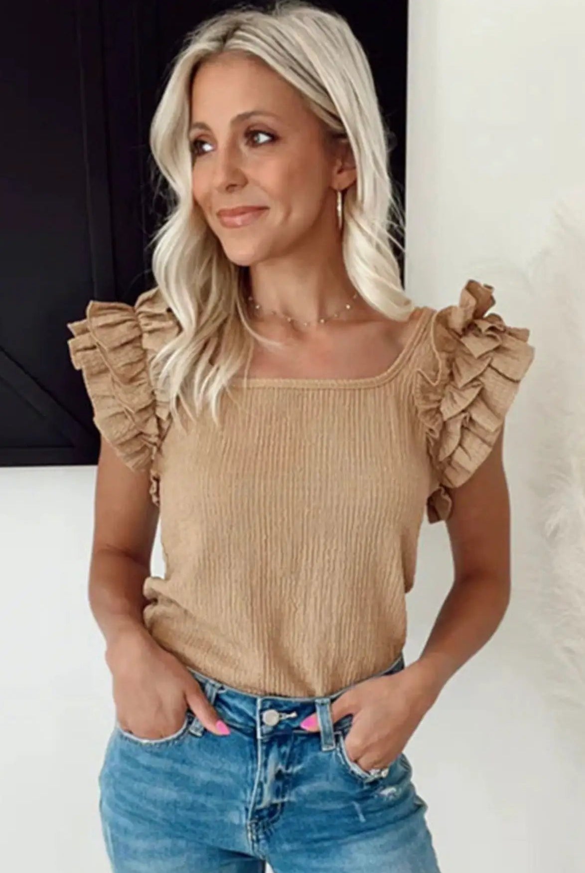 Light mocha textured square neck top featuring tiered ruffled cap sleeves and a slim ribbed knit fit.