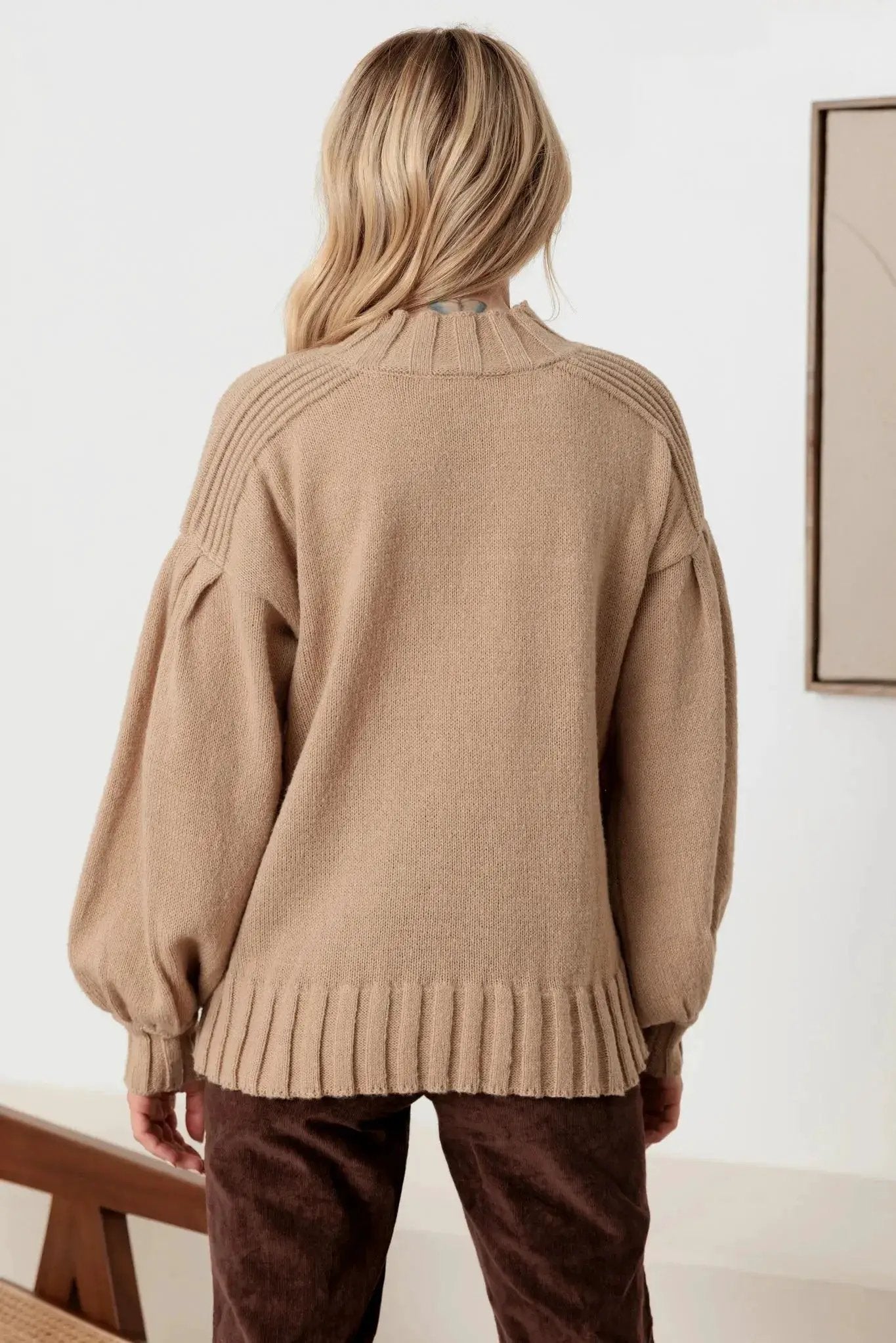 New In Light Mocha Knit Crew Neck Long Puff Sleeve Sweater - Sweaters