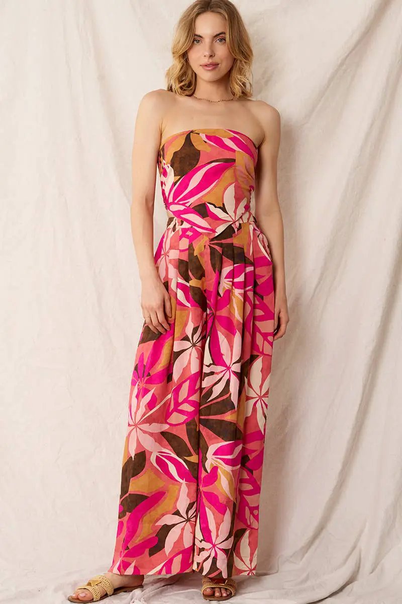 En Crème En Crème Pink Multi Printed Pleated Wide Leg Pants - Pants