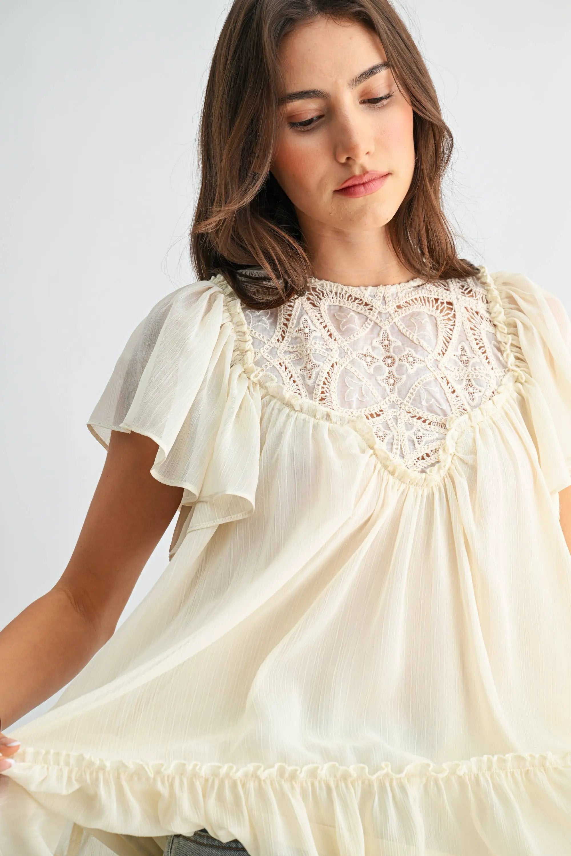 Camellia The Sheer Lace Yoke Ruffle Sleeve Blouse: CREAM - Blouses