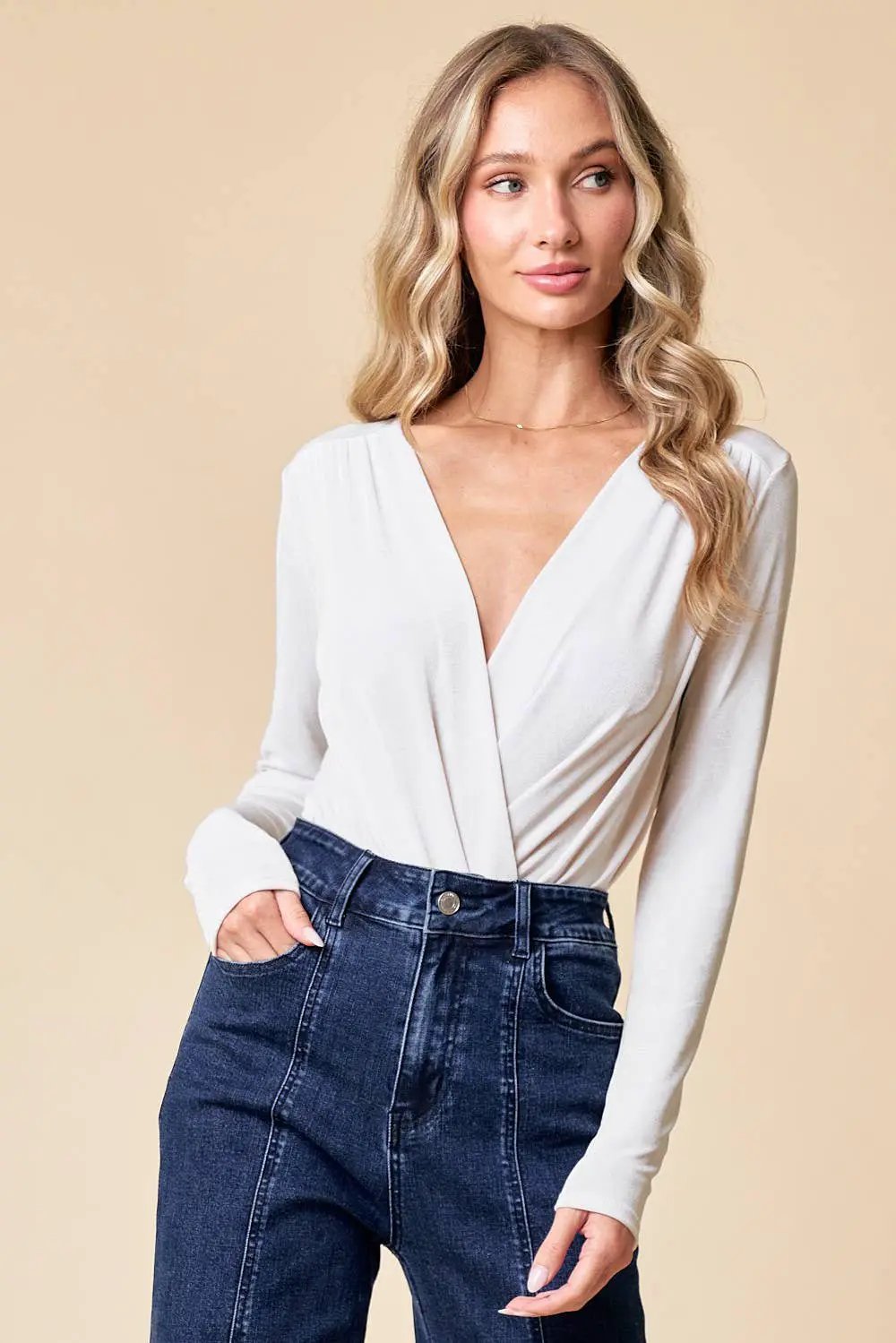 WISTERIA LANE Wisteria Lane - Soft Blush Slinky Surplice Long Sleeve Bodysuit - Bodysuits