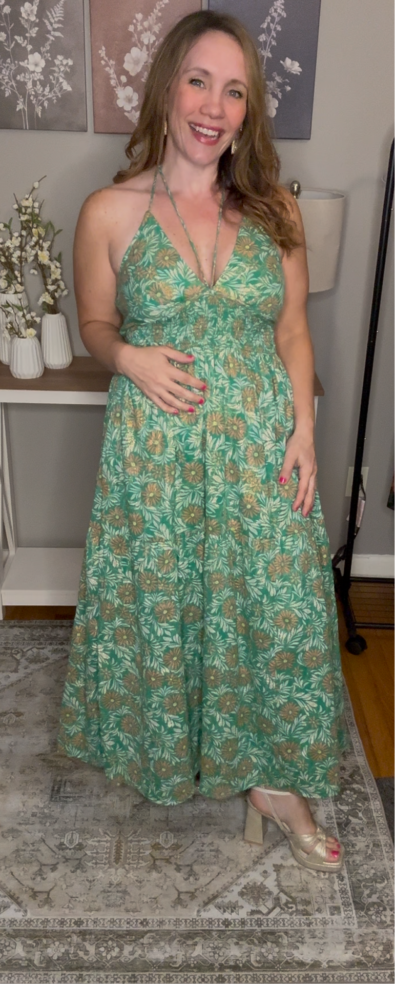 En Crème En Crème Green Floral Print Strappy Halter Neck Midi Dress with Lurex - Dresses floral print strappy dress