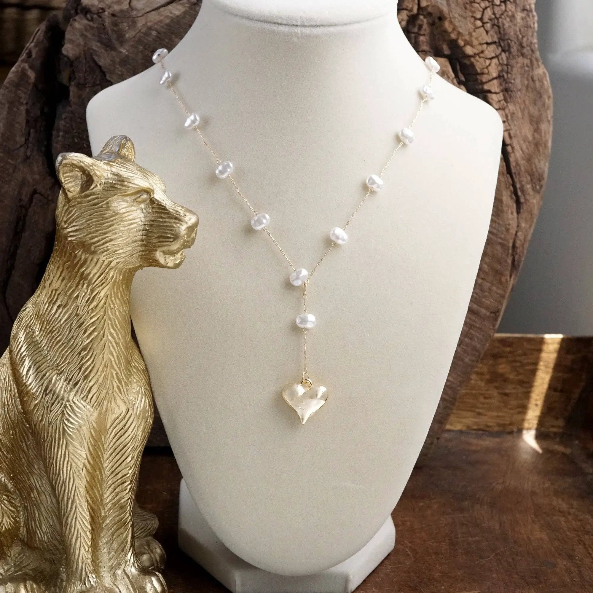 PennyLine inc The Gold Puffy Heart Pearl Lariat Chain Necklace - Necklaces