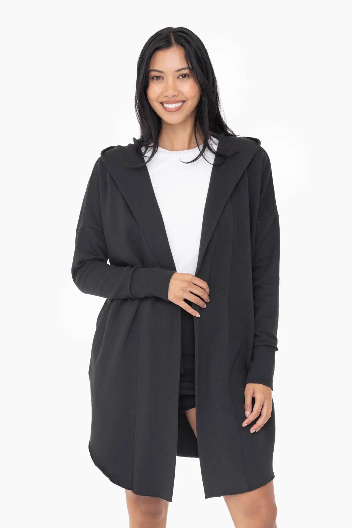 Mono B Mono B - Open Front Longline Hoodie Cardigan in Black - Cardigans Mono B - Open Front Longline Hoodie Cardigan