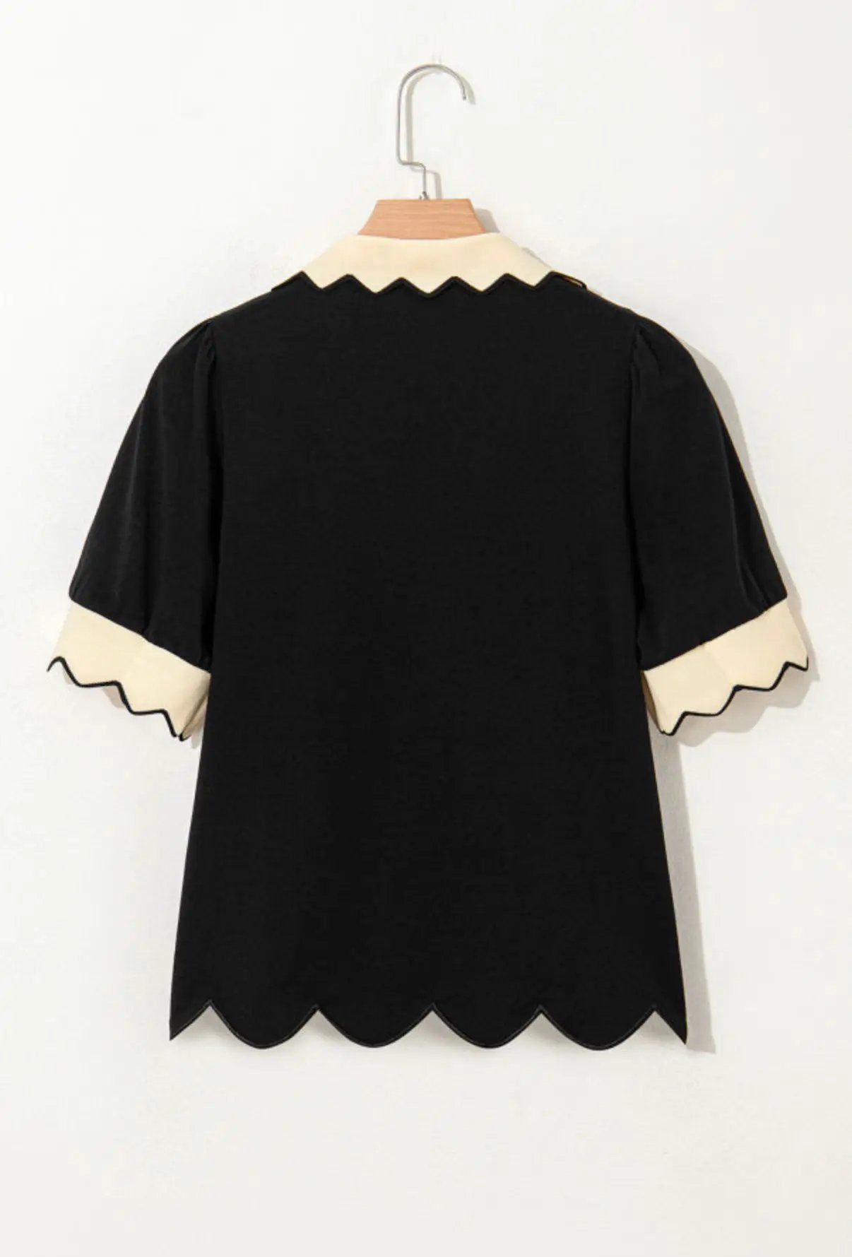 Grateful Threads Boutique Black Color Contrast Collared V-Neck Puff Sleeve Blouse - Blouses Black Color Contrast Collared V Neck Puff Sleeve