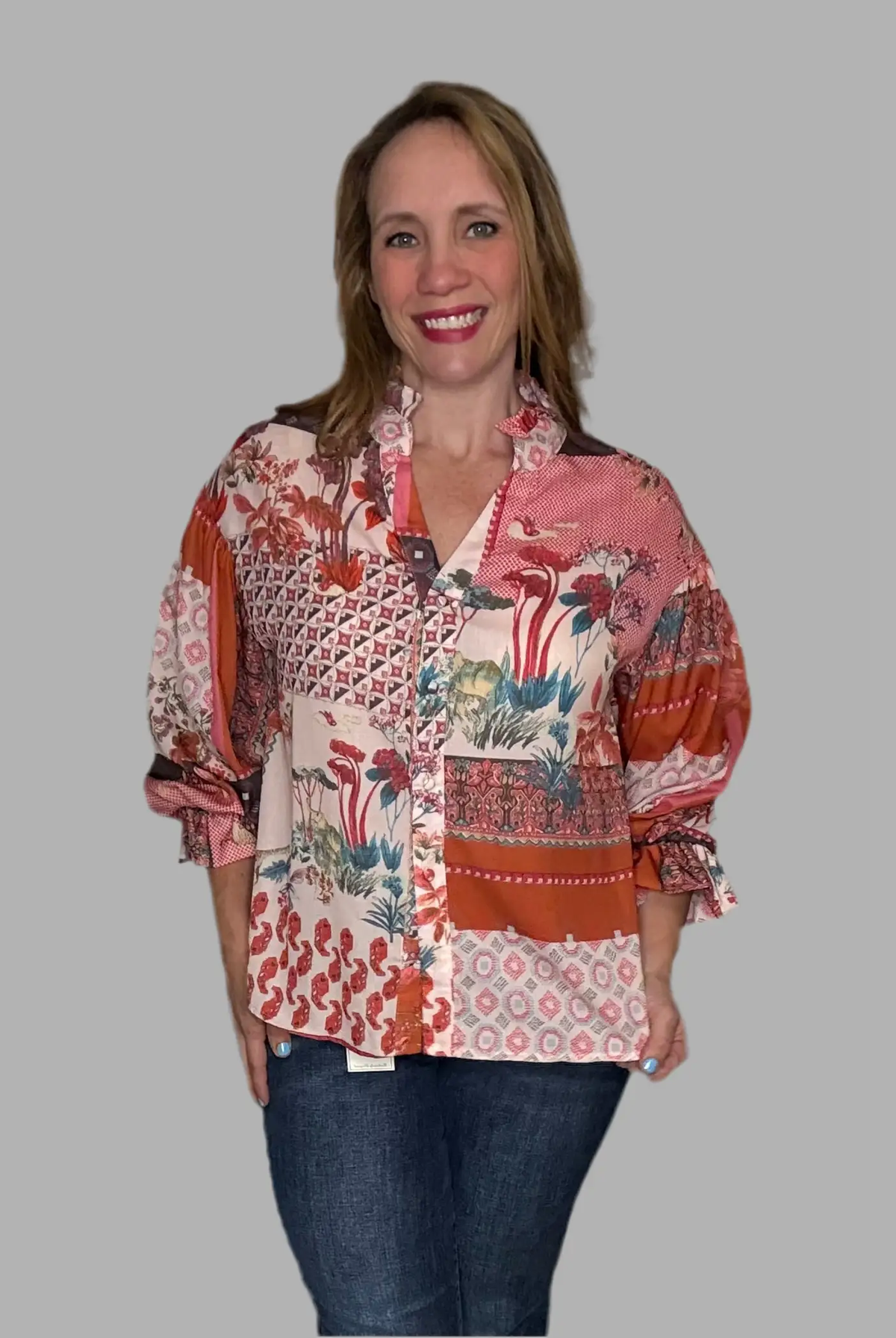 Grateful Threads Boutique Red Boho Bubble Sleeve Shirt - Shirts