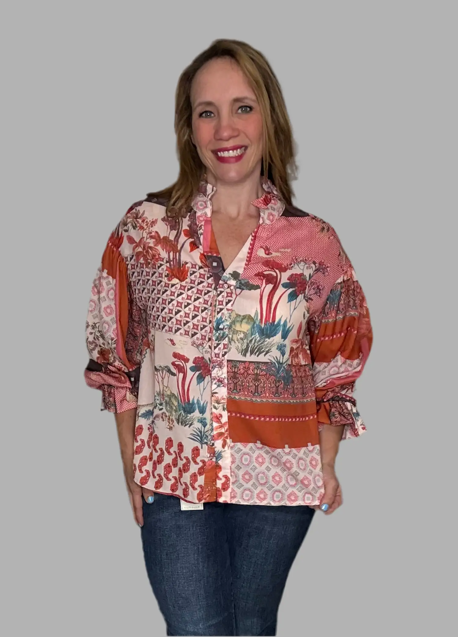 Grateful Threads Boutique Red Boho Bubble Sleeve Shirt - Shirts
